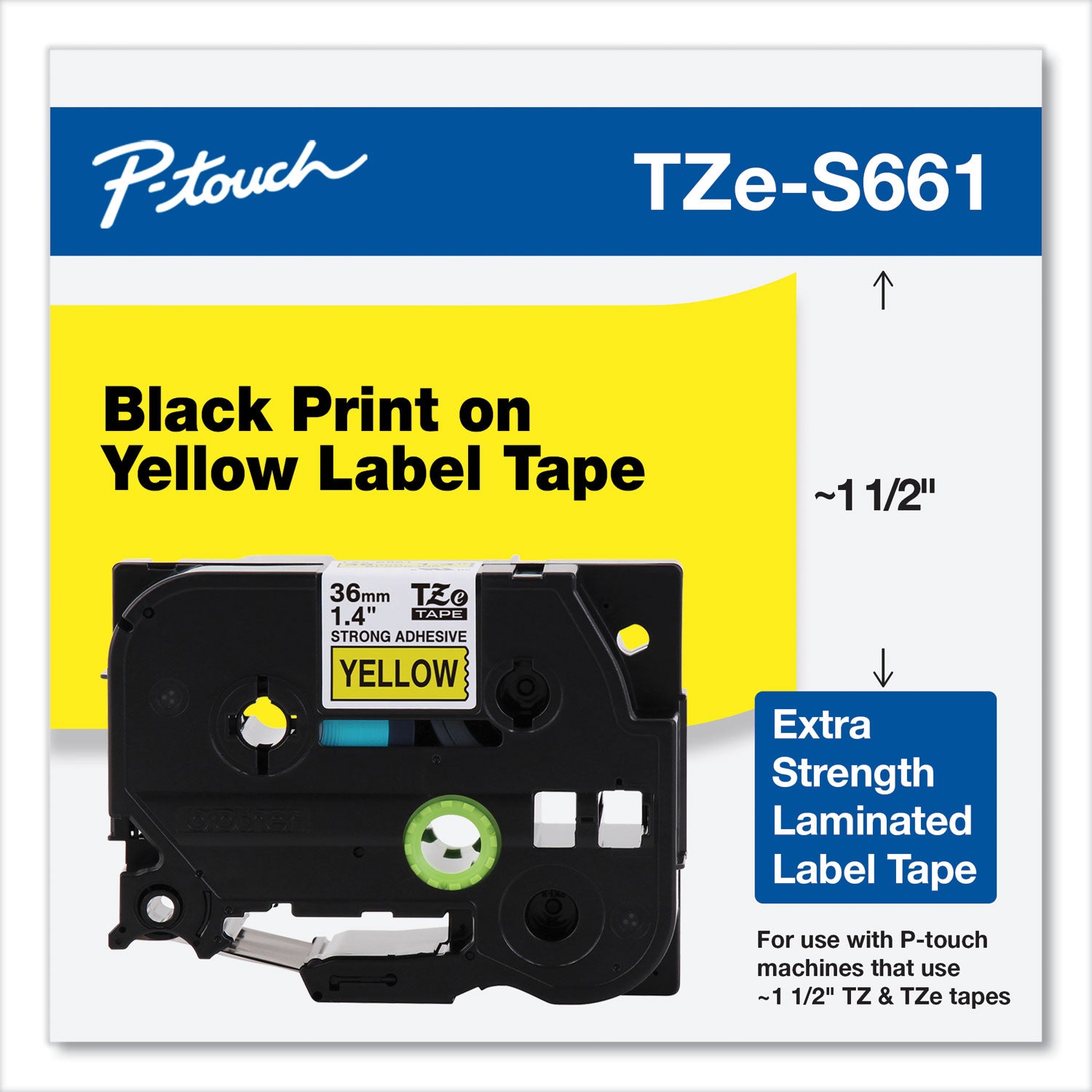 Brother P-Touch® Tz Extra-Strength Adhesive Laminated Labeling Tape, 1.4" X 26.2 Ft, Black On Yellow
