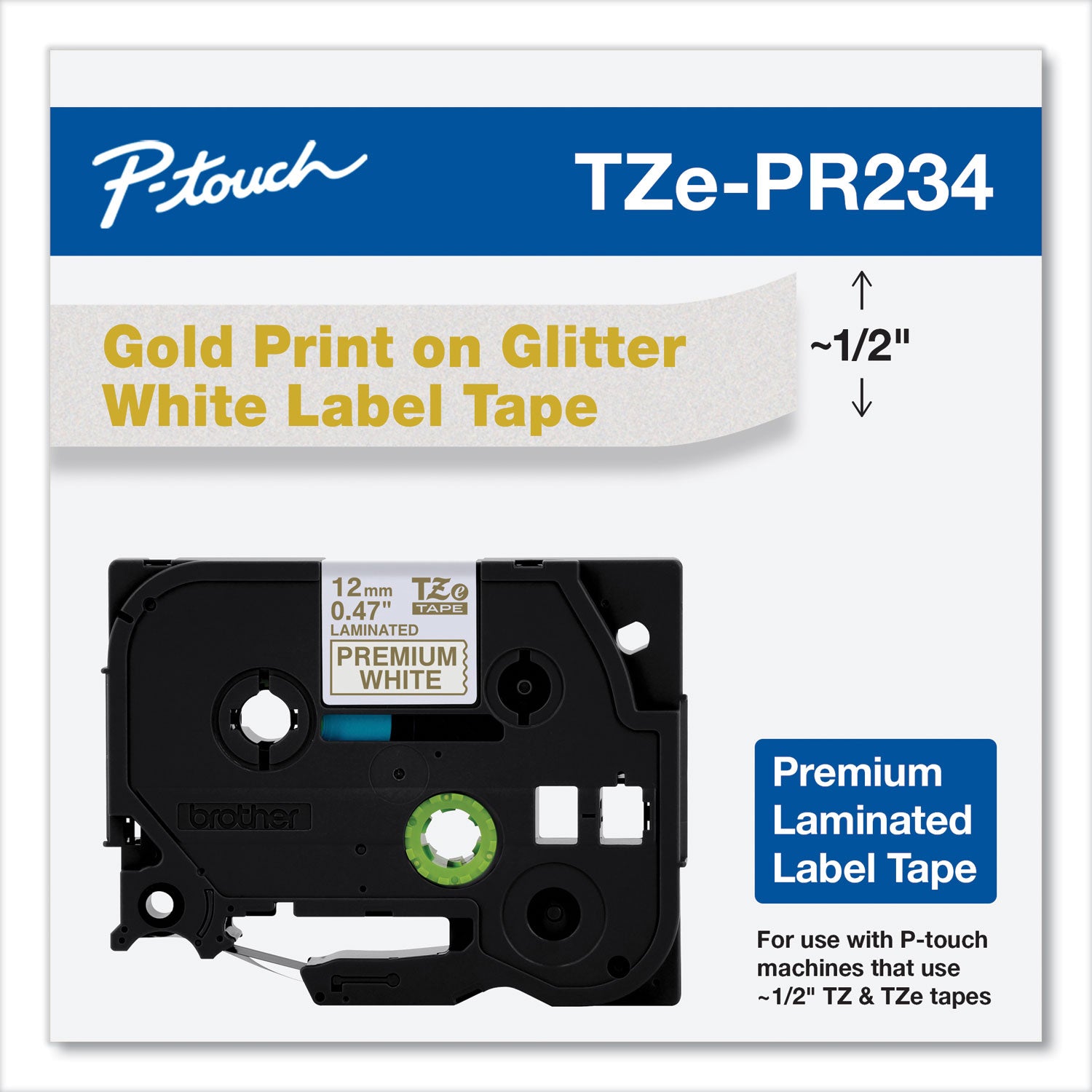 Brother TZe Premium Laminated Tape, 0.47" x 26.2 ft, Gold on White
