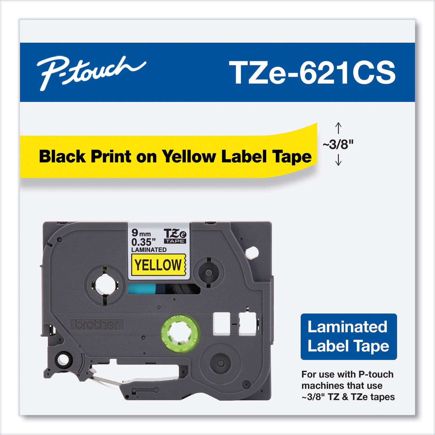Brother P-Touch® Tze Laminated Removable Label Tapes, 0.35" X 26.2 Ft, Black On Yellow