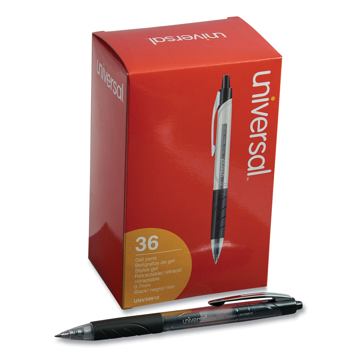 Universal™ Comfort Grip Gel Pen, Retractable, Medium 0.7 Mm, Black Ink, Clear/black Barrel, 36/pack
