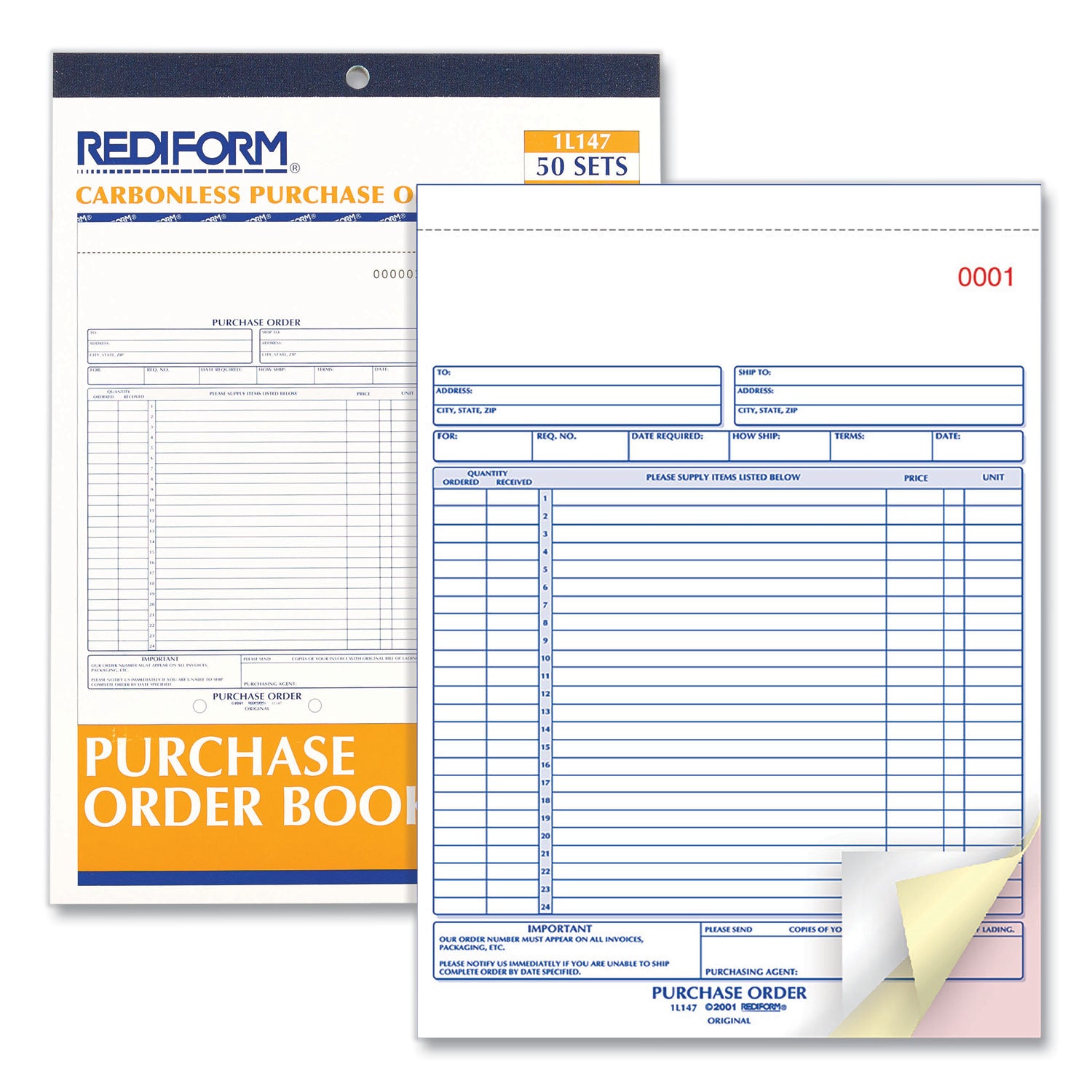 Rediform® Purchase Order Book, 17 Lines, Three-Part Carbonless, 8.5 x 11, 50 Forms Total