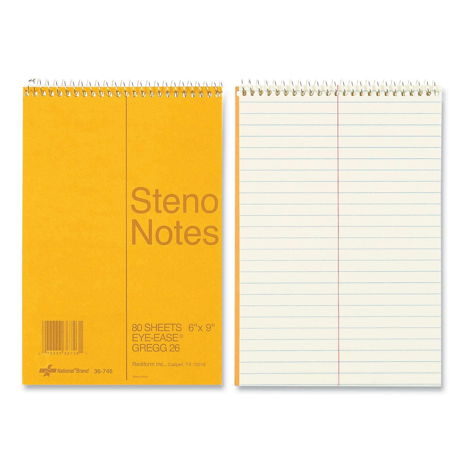 National® Standard Spiral Steno Pad, Gregg Rule, Brown Cover, 80 Eye-Ease Green 6 X 9 Sheets