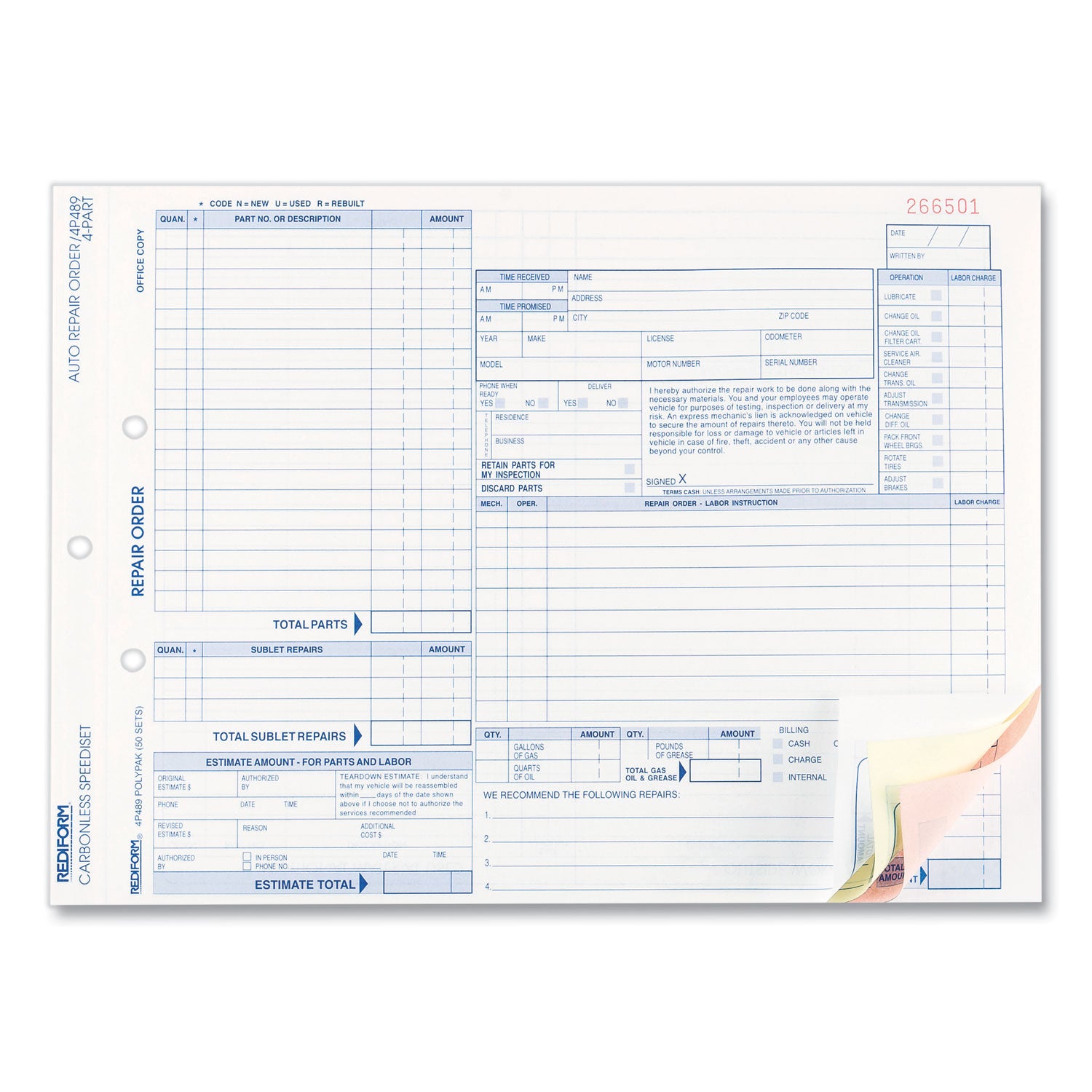Rediform® Speediset Four-Part Auto Repair Form, Four-Part Carbonless, 11 x 8.5, 50 Forms Total