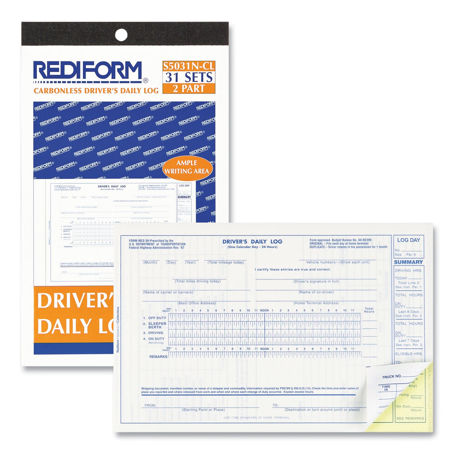 Rediform® Driver's Daily Log Book, Two-Part Carbonless, 8.75 x 5.38, 31 Forms Total