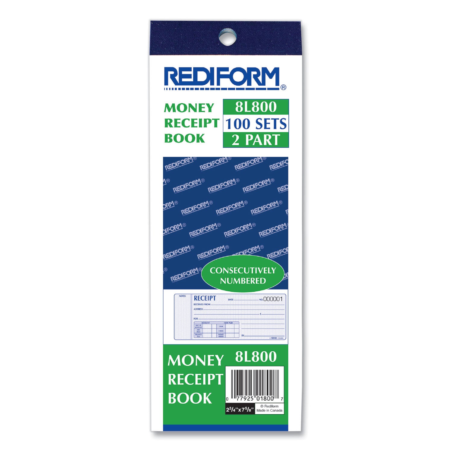 Rediform® Receipt Book, Two-Part Carbonless, 7 x 2.75, 4 Forms/Sheet, 100 Forms Total