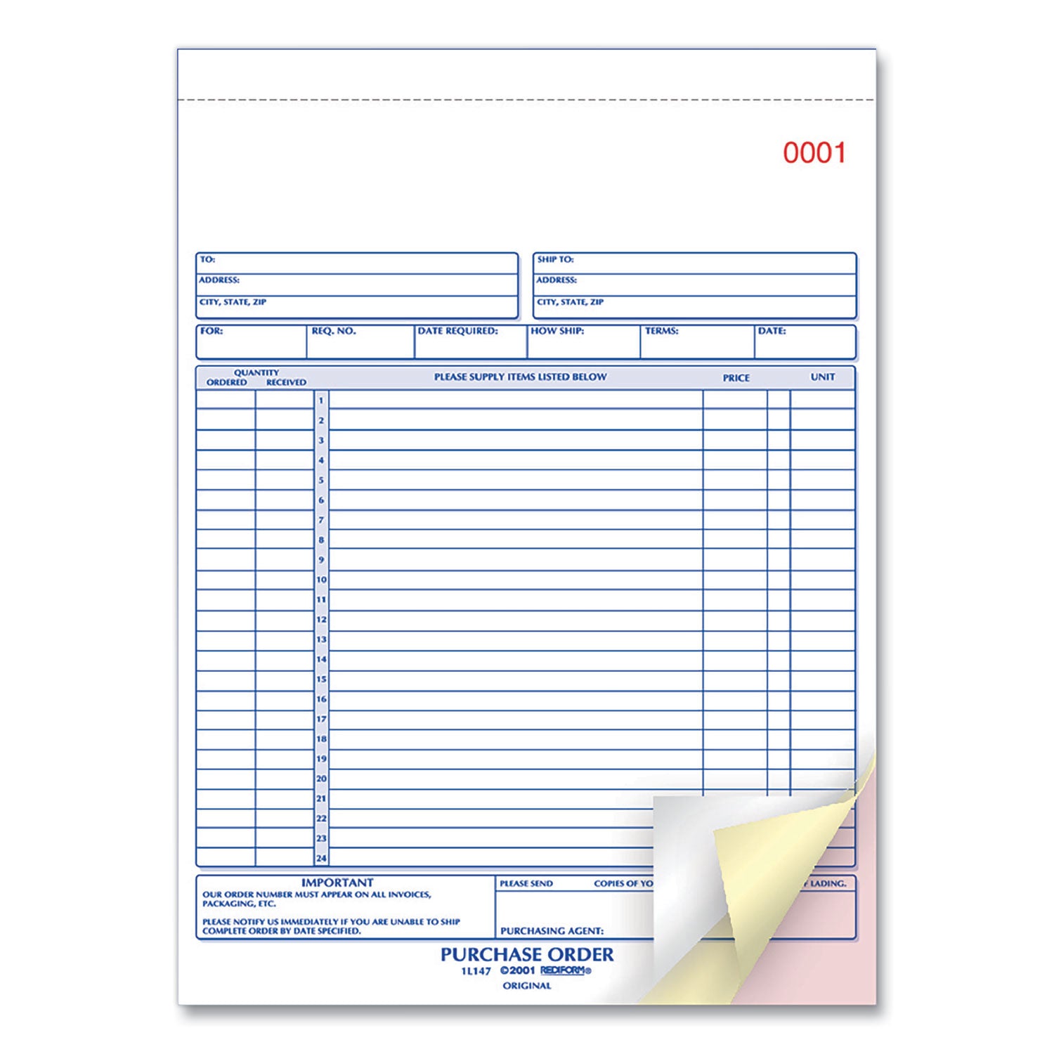 Rediform® Purchase Order Book, 17 Lines, Three-Part Carbonless, 8.5 x 11, 50 Forms Total