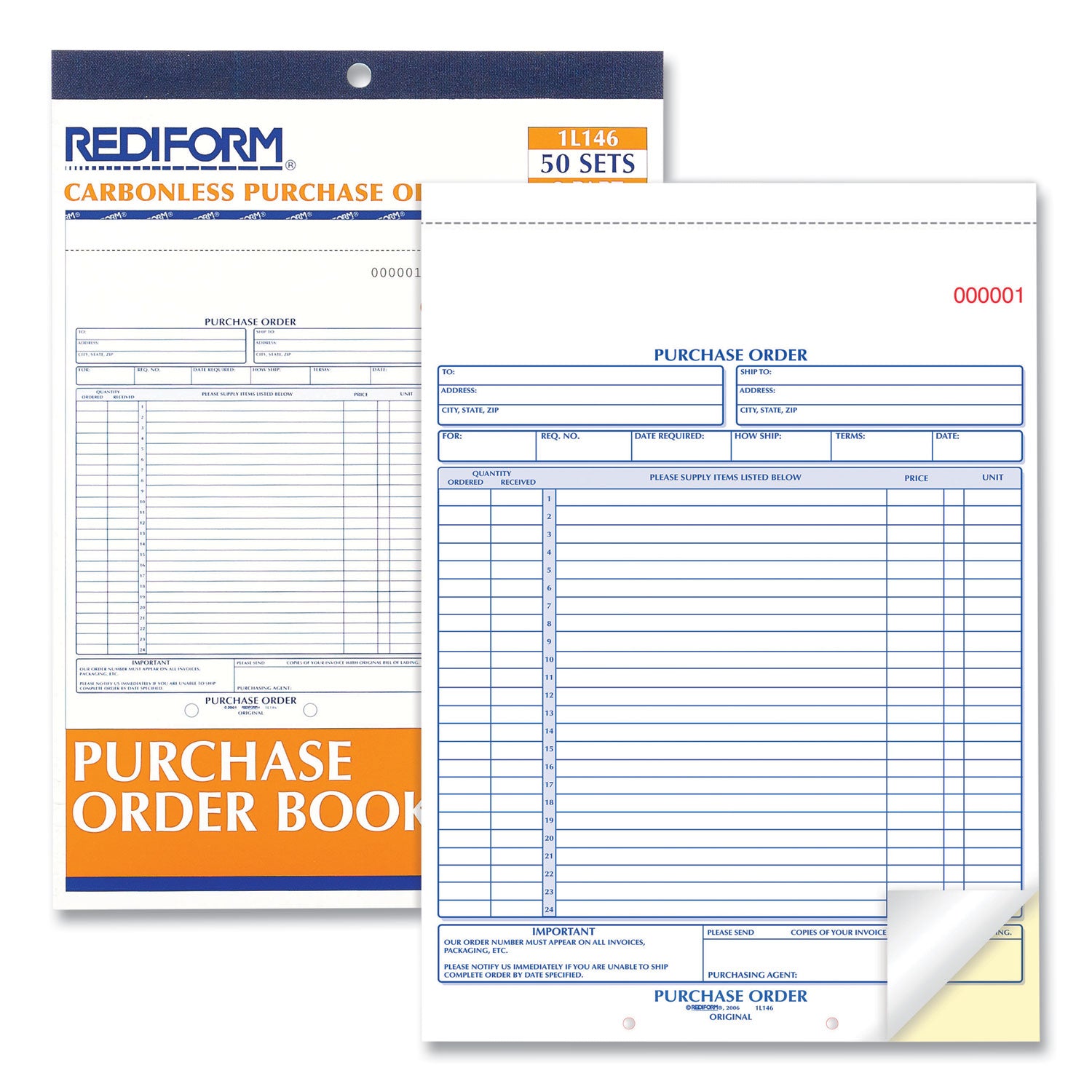 Rediform® Purchase Order Book, 17 Lines, Two-Part Carbonless, 8.5 x 11, 50 Forms Total