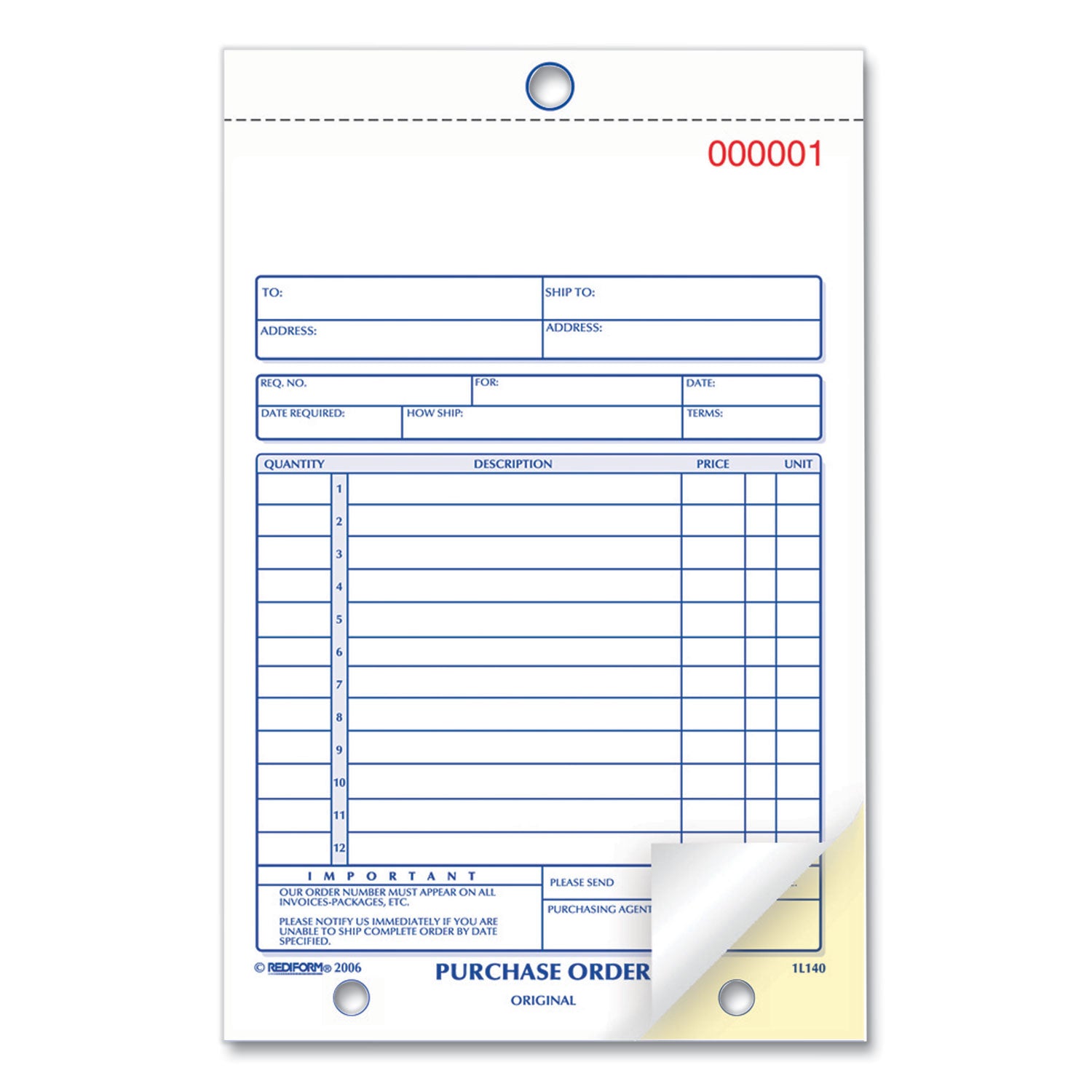 Rediform® Purchase Order Book, 12 Lines, Two-Part Carbonless, 5.5 x 7.88, 50 Forms Total