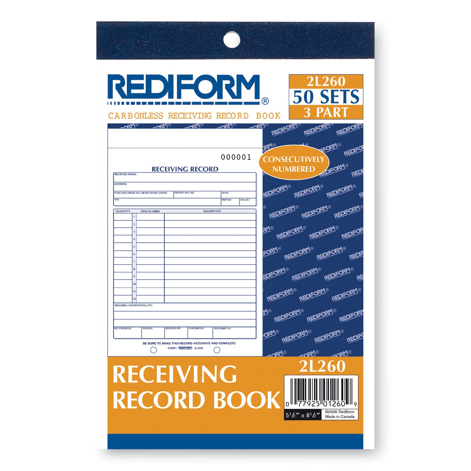 Rediform® Receiving Record Book, Three-Part Carbonless, 5.56 x 7.94, 50 Forms Total