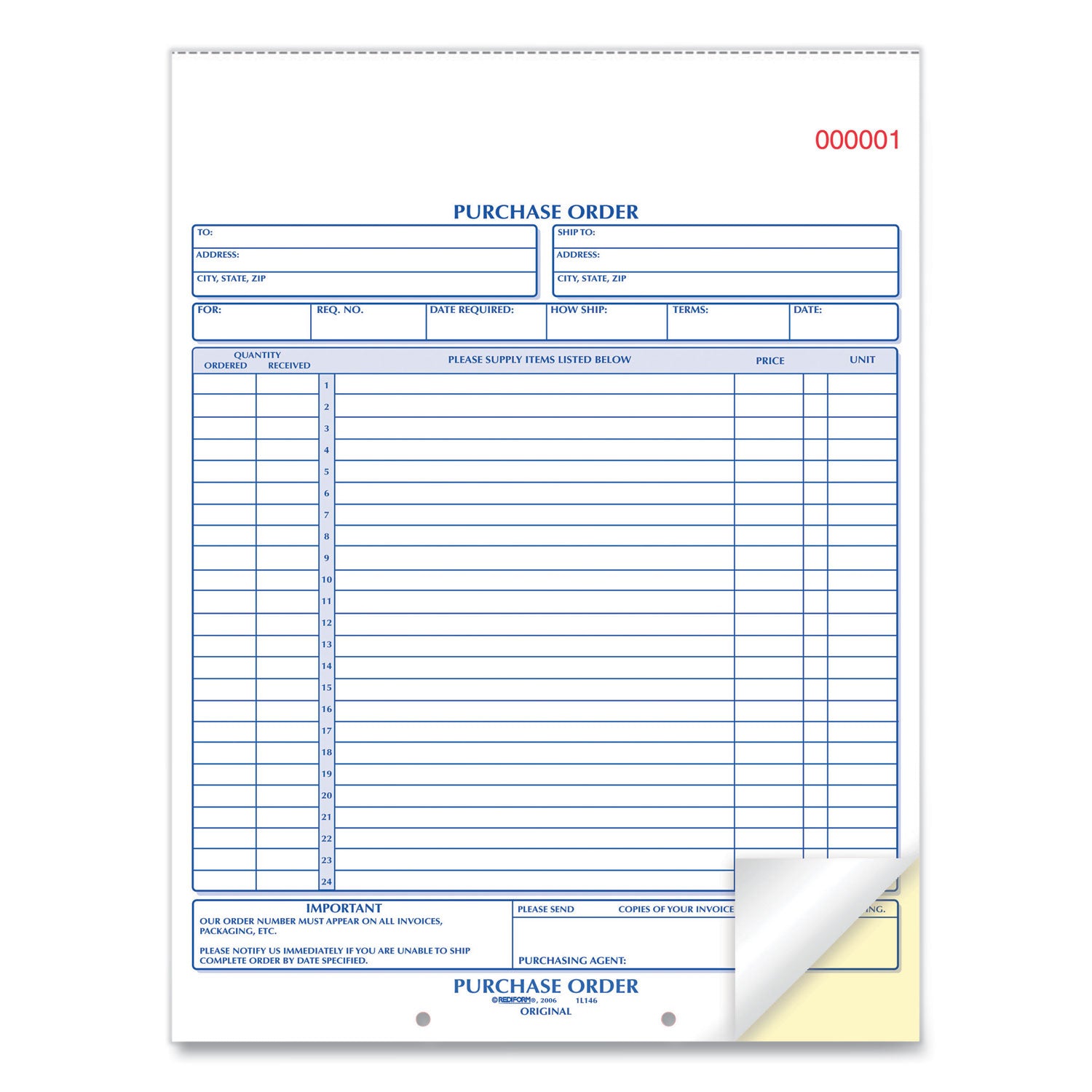 Rediform® Purchase Order Book, 17 Lines, Two-Part Carbonless, 8.5 x 11, 50 Forms Total
