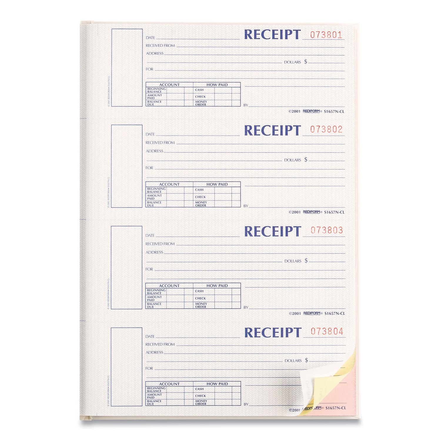 Rediform® Durable Hardcover Numbered Money Receipt Book, Three-Part Carbonless, 6.88 x 2.75, 4 Forms/Sheet, 200 Forms Total