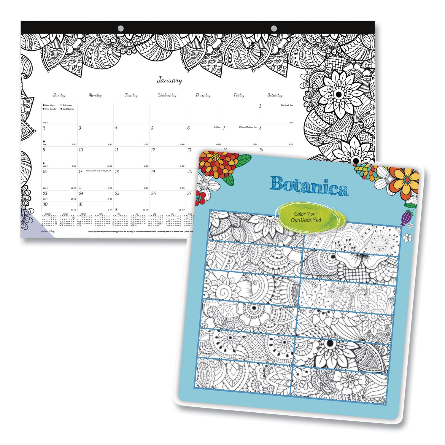 Blueline® Monthly Desk Pad Calendar, DoodlePlan Coloring Pages, 17.75 x 10.88, Black Binding, Clear Corners, 12-Month (Jan-Dec): 2025