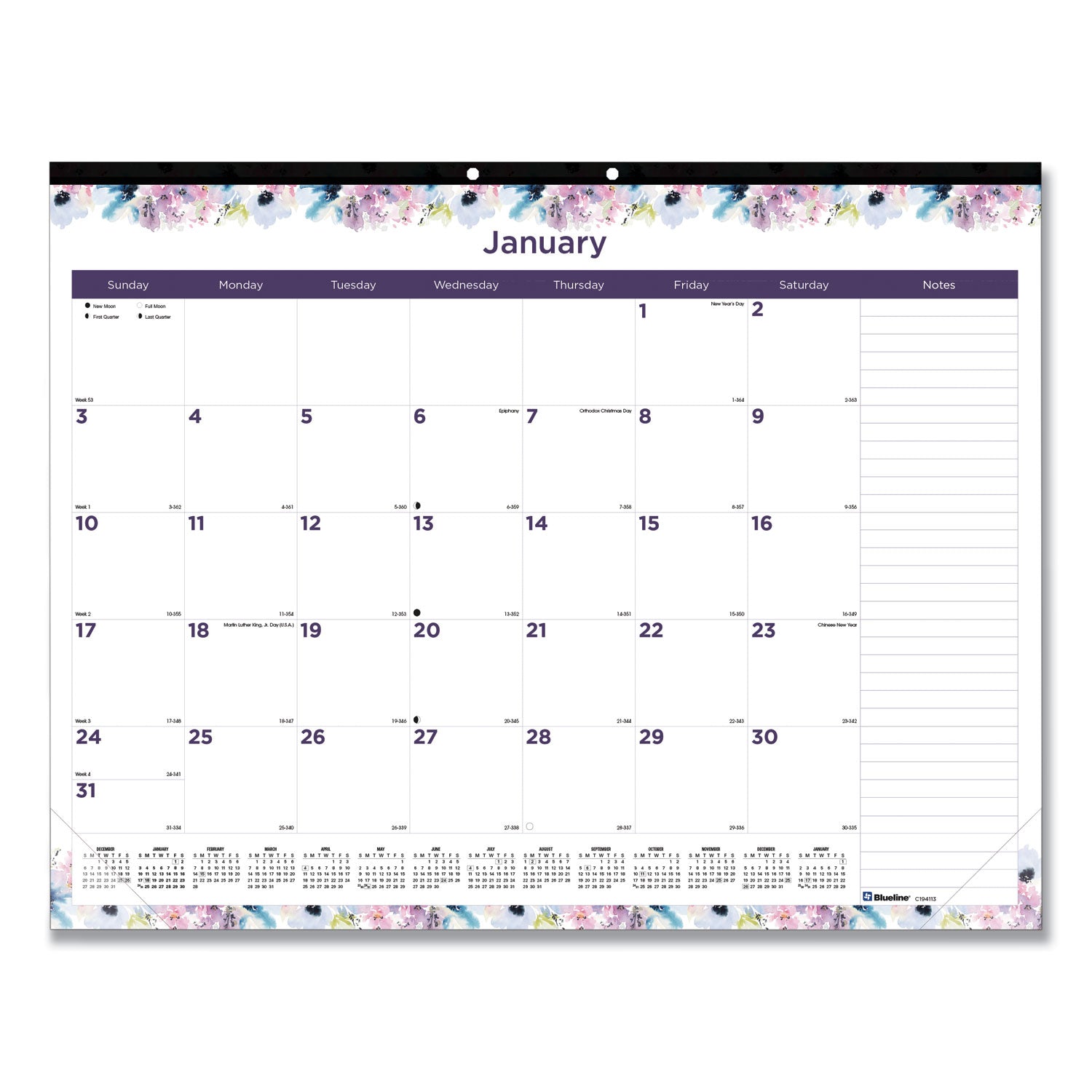 Passion Monthly Deskpad Calendar, Floral Artwork, 22 x 17, White/Multicolor Sheets, Black Binding, 12-Month (Jan-Dec): 2025
