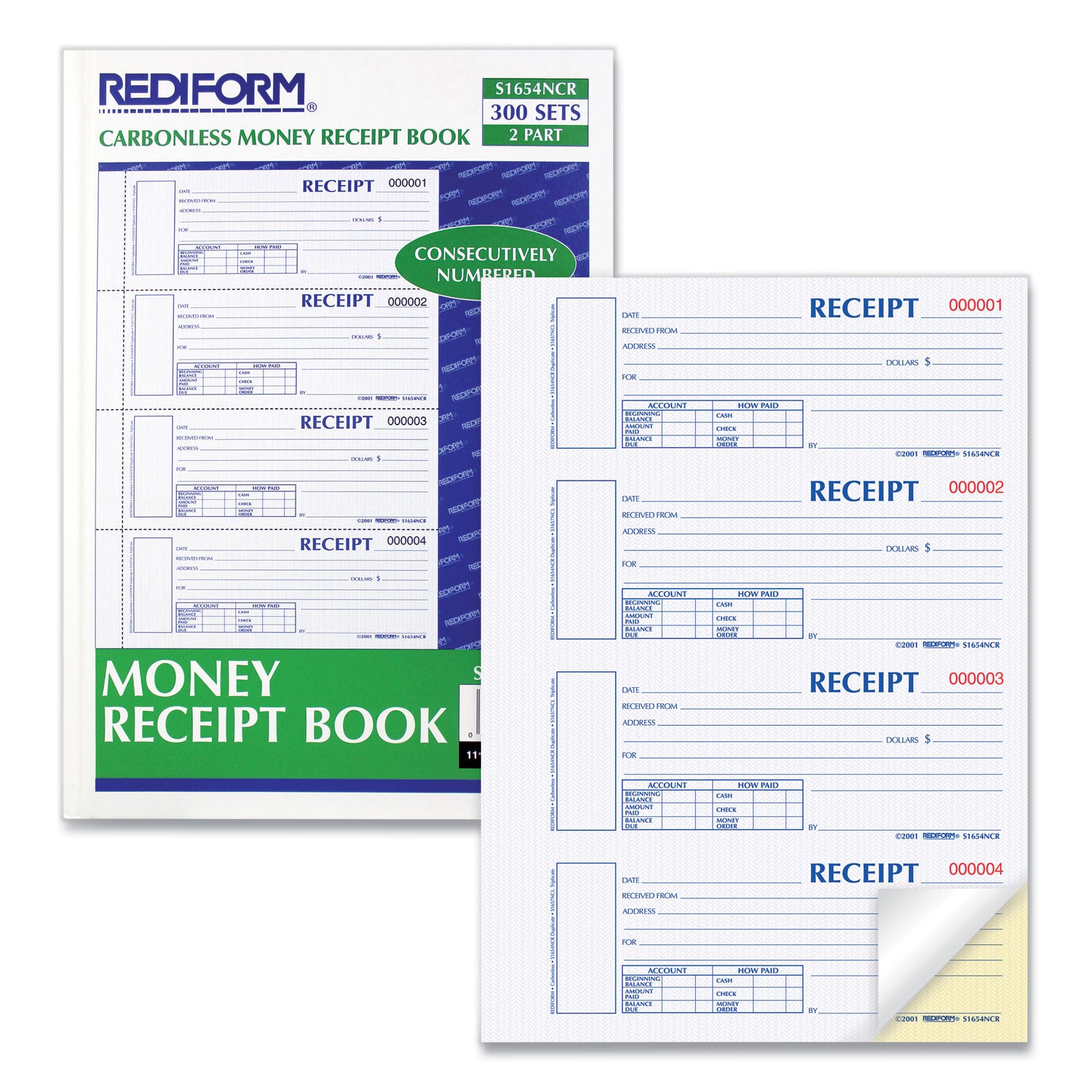 Rediform® Durable Hardcover Numbered Money Receipt Book, Two-Part Carbonless, 6.88 x 2.75, 4 Forms/Sheet, 300 Forms Total