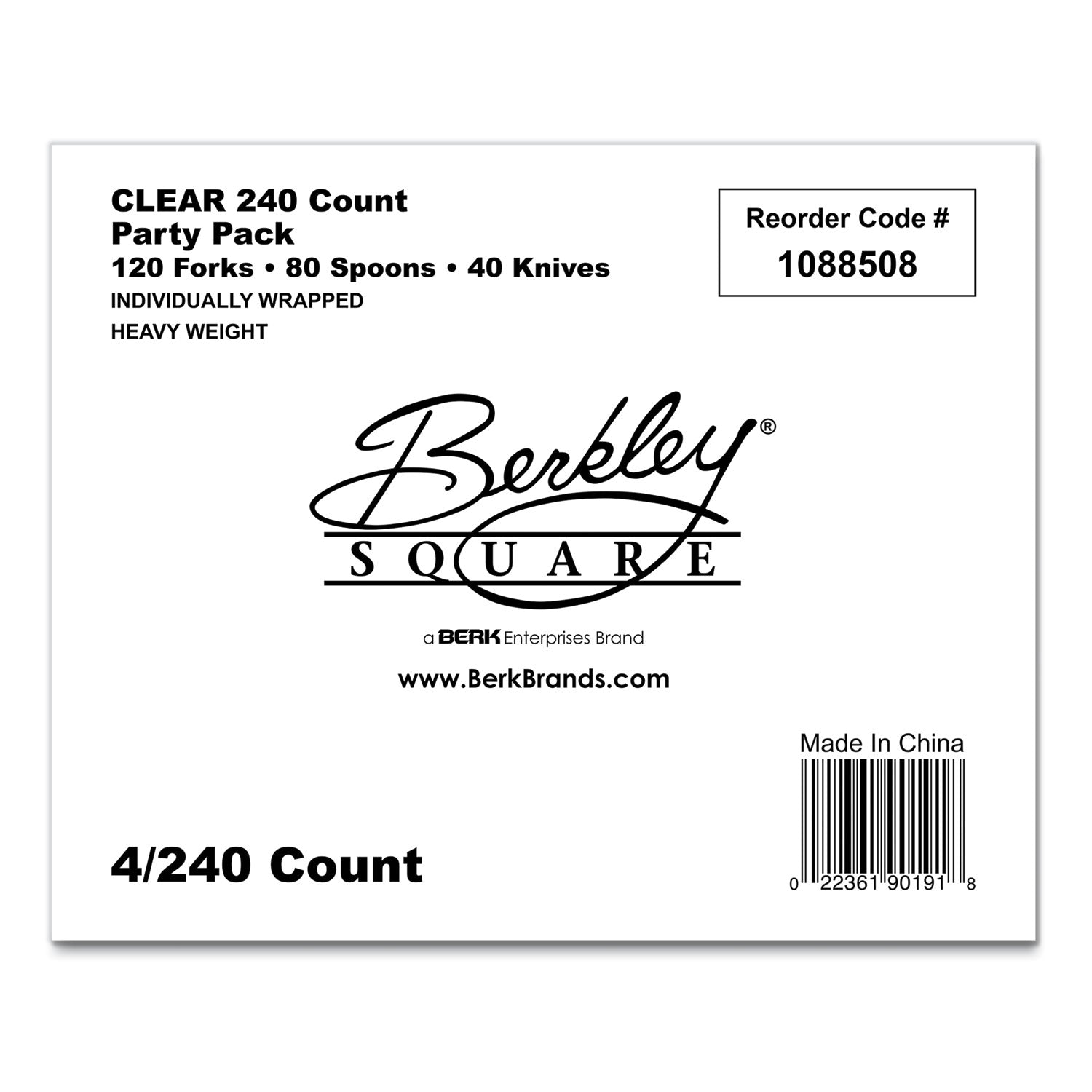 Berkley Square Elegant Dinnerware Heavyweight Cutlery Assortment, Heavyweight, (120) Forks/(80) Spoons/(40) Knives, Plastic, White, 240/Box