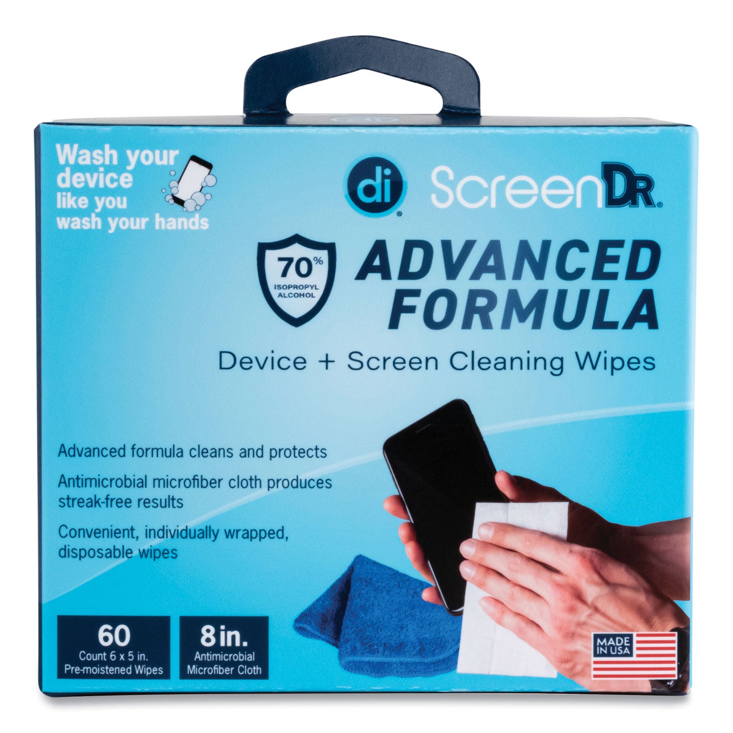 ScreenDr Device and Screen Cleaning Wipes, Includes 60 Individually Wrapped Wipes and 8" Microfiber Cloth, 6 x 5, White