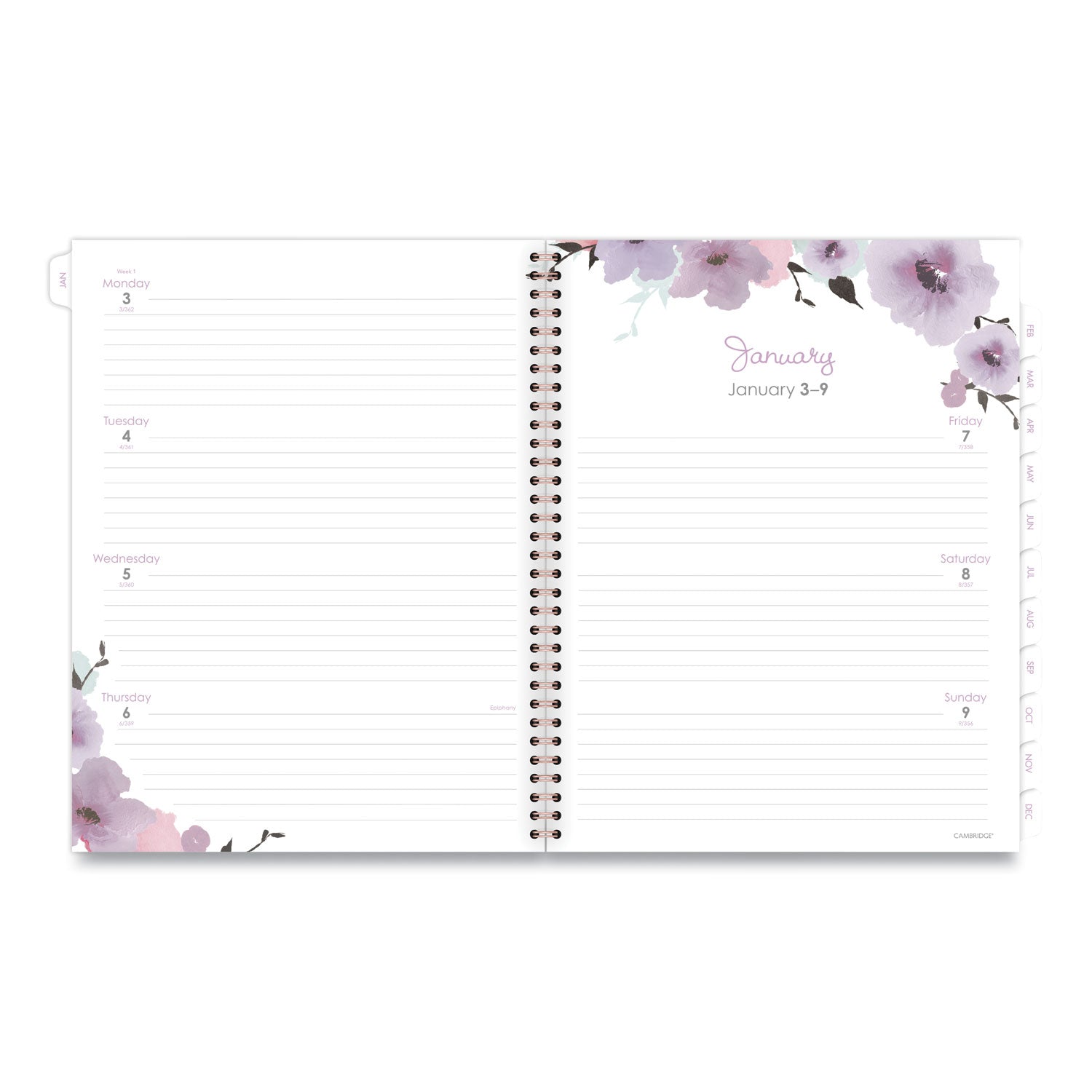 Cambridge® Mina Weekly/Monthly Planner, Floral Artwork, 11 x 8.5, White/Violet/Peach Cover, 12-Month (Jan to Dec): 2025