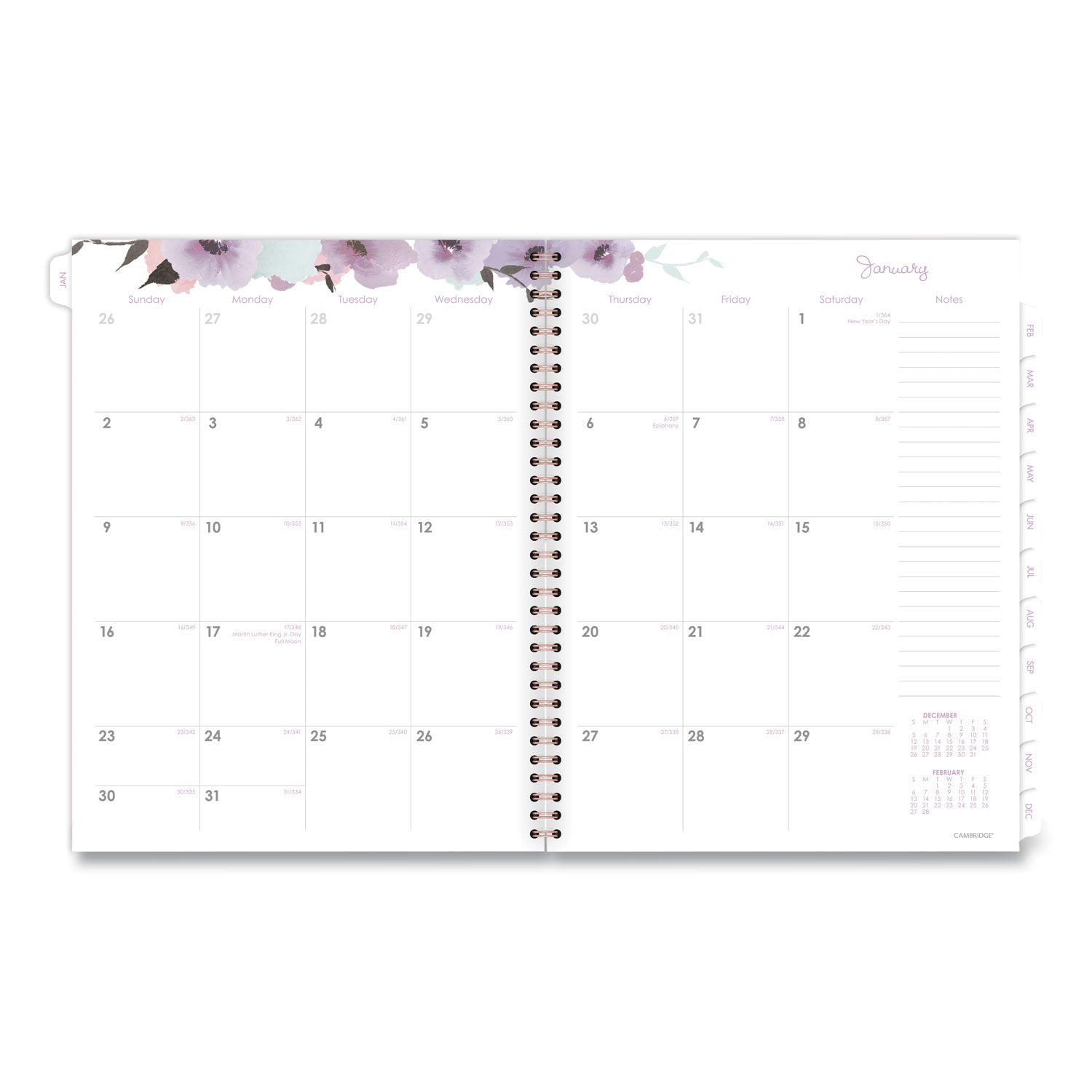 Cambridge® Mina Weekly/Monthly Planner, Floral Artwork, 11 x 8.5, White/Violet/Peach Cover, 12-Month (Jan to Dec): 2025