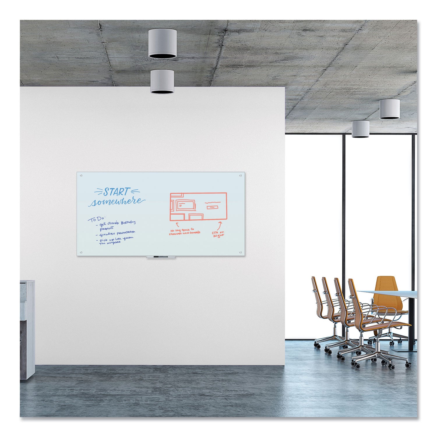 U Brands Glass Dry Erase Board, 72" x 36" (Actual Size: 70" x 35"), White Surface