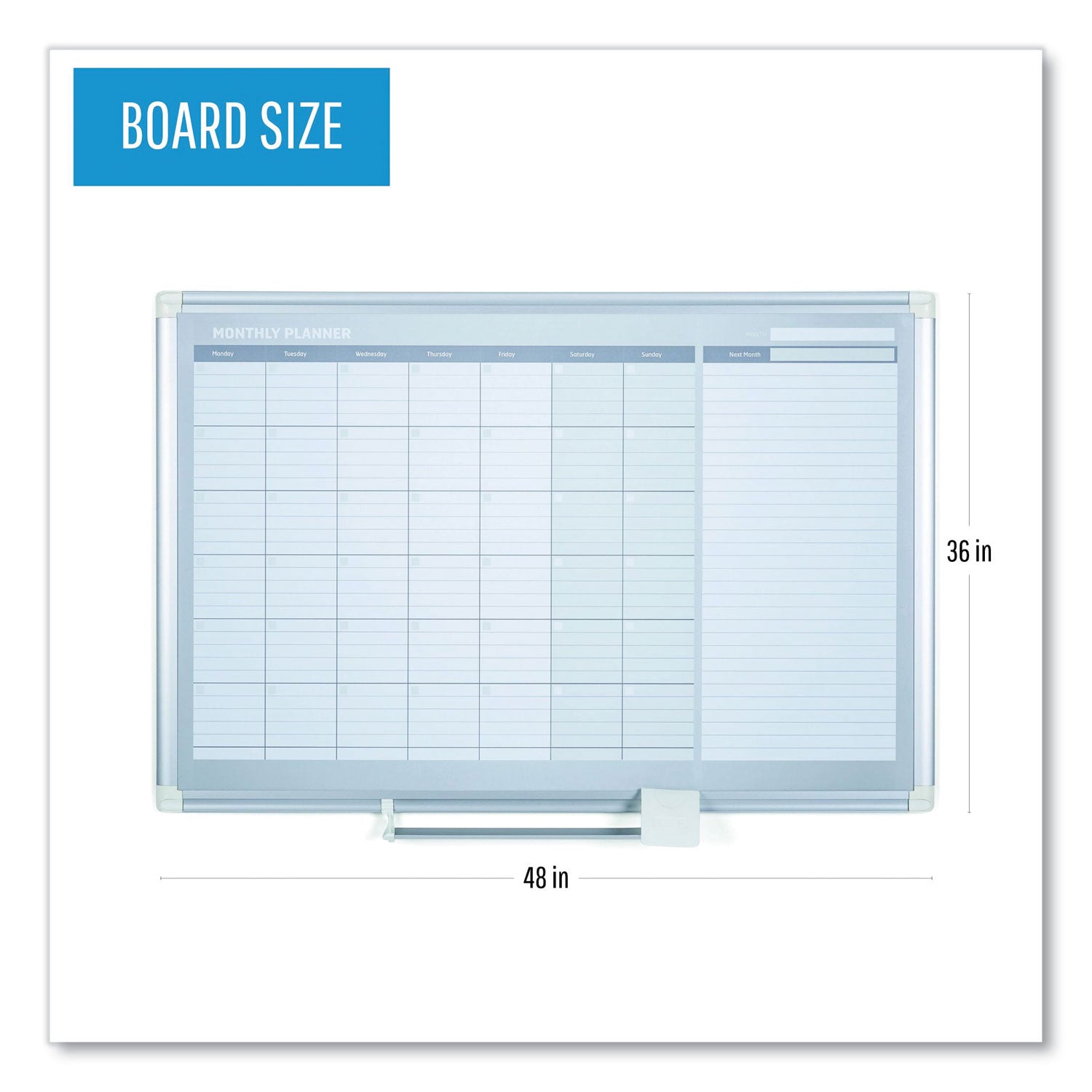 MasterVision® Magnetic Dry Erase Calendar Board, Monthly Planning/Scheduling, 48" x 36", White Surface, Satin Aluminum Frame
