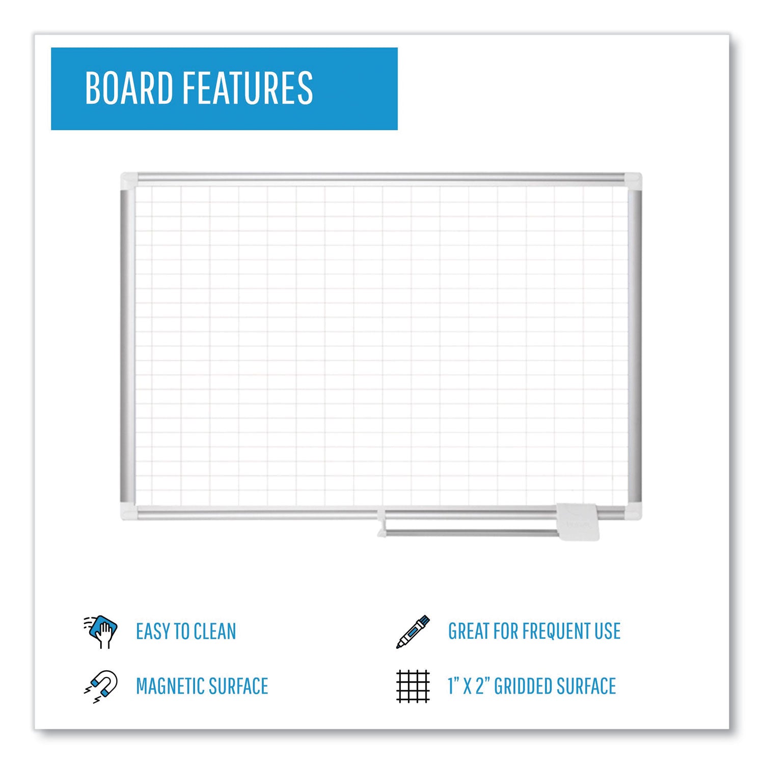 MasterVision® Gridded Magnetic Steel Dry Erase Project Planning Board, 1" x 2" Cells, 72" x 48", White Surface, Satin Aluminum Frame