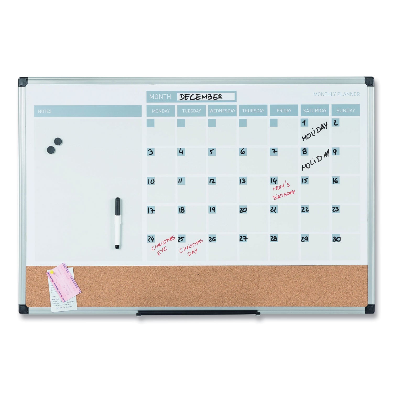 MasterVision® 3-in-1 Calendar Planner, Monthly Planning/Scheduling Calendar, 36" x 24", White Surface, Satin Aluminum Frame
