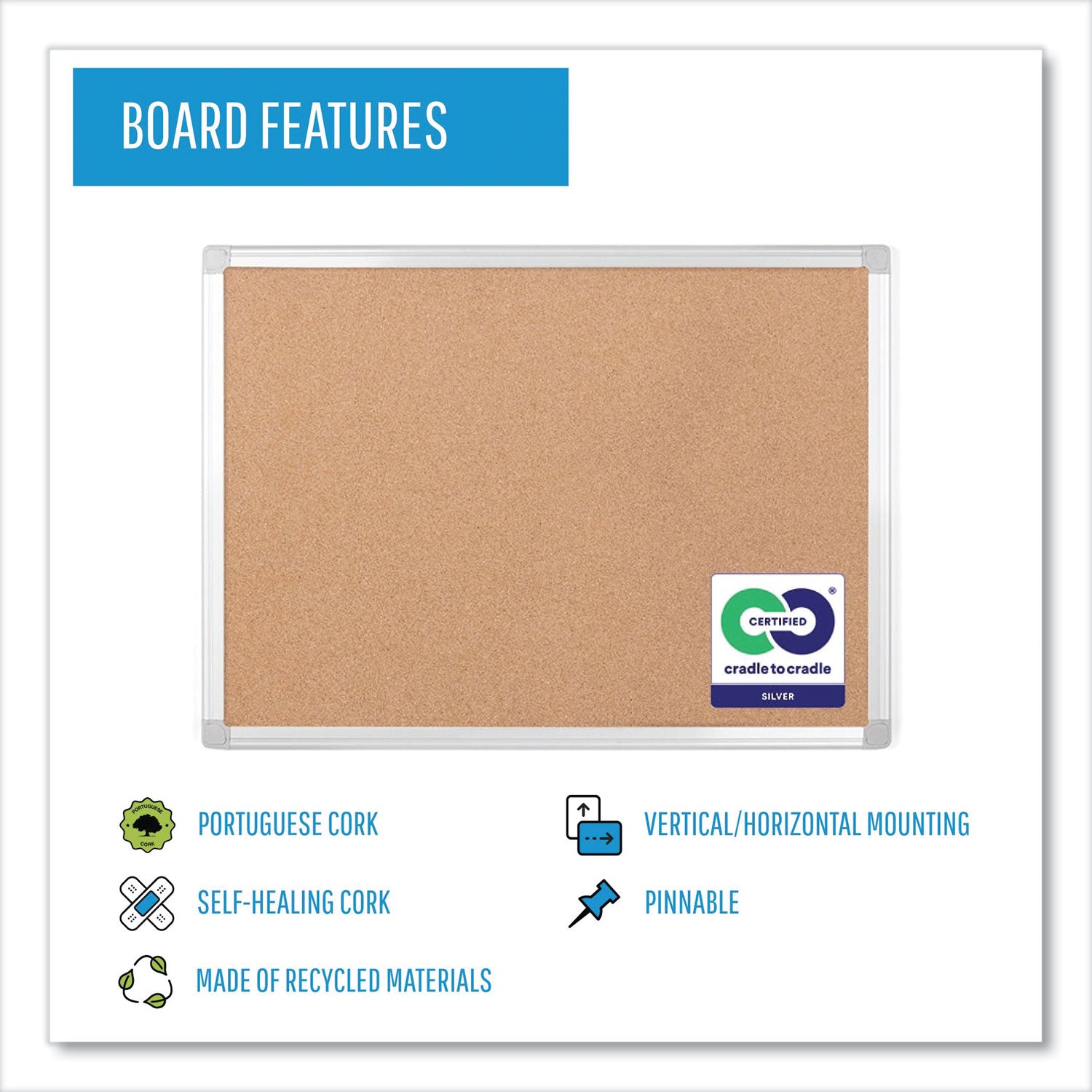 MasterVision® Earth Cork Board, 24" x 18", Tan Surface, Satin Aluminum Frame