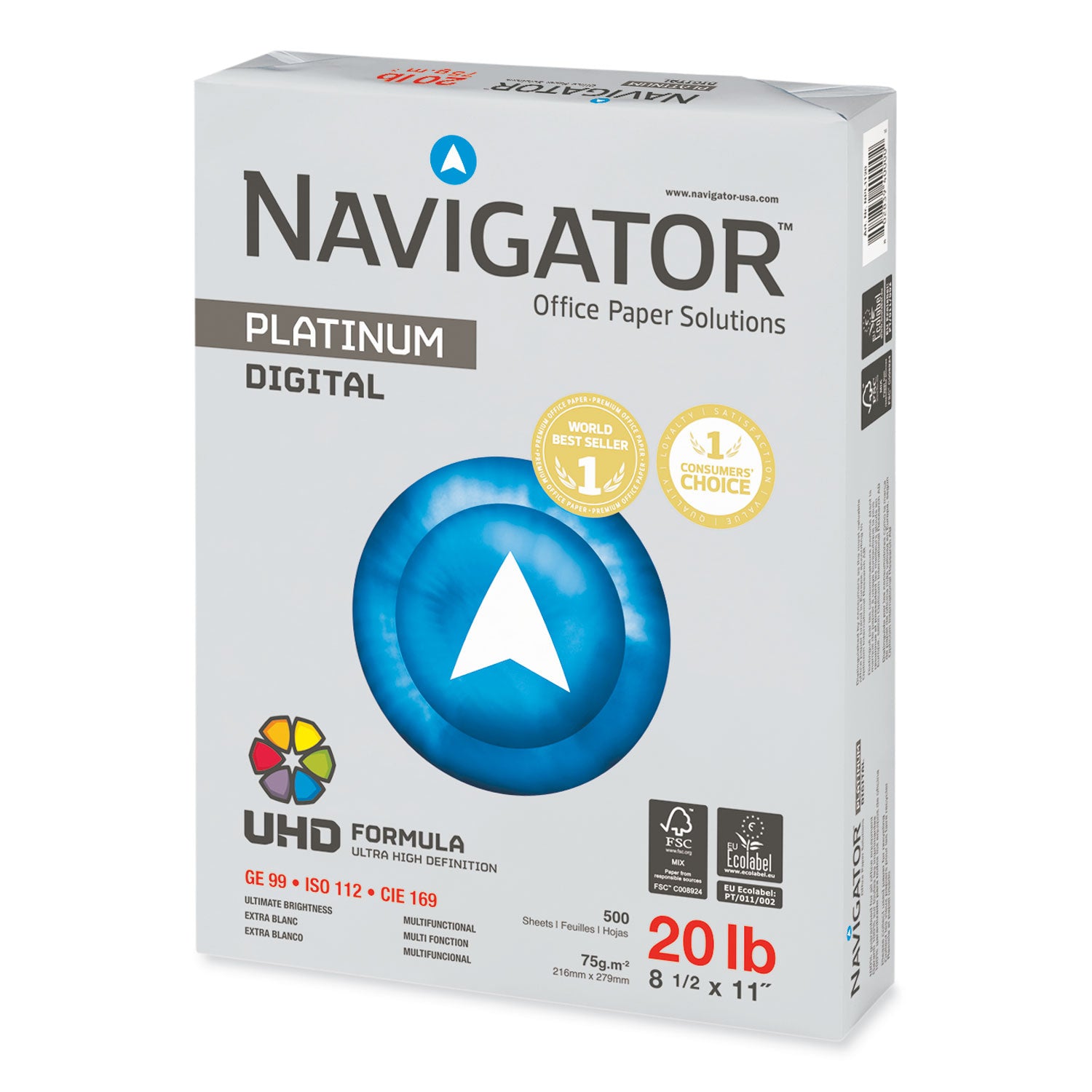 Navigator® Platinum Paper, 99 Bright, 20 lb Bond Weight, 8.5 x 11, White, 500 Sheets/Ream, 10 Reams/Carton