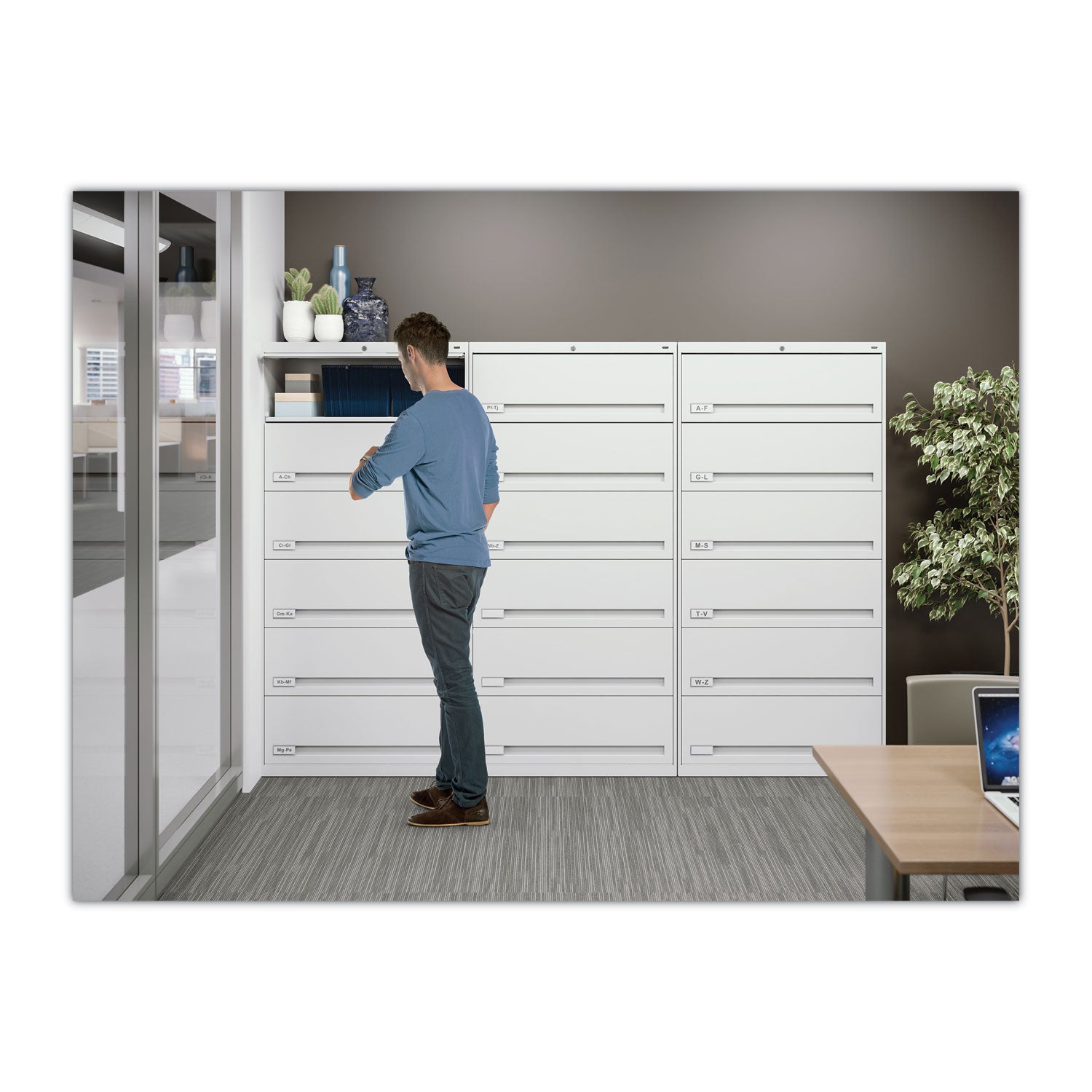 Tennsco Enclosed Fixed-Shelf Lateral File with Retractable Doors, 6 Legal/Letter Size Shelves, 36" x 16.5" x 75.25", Light Gray