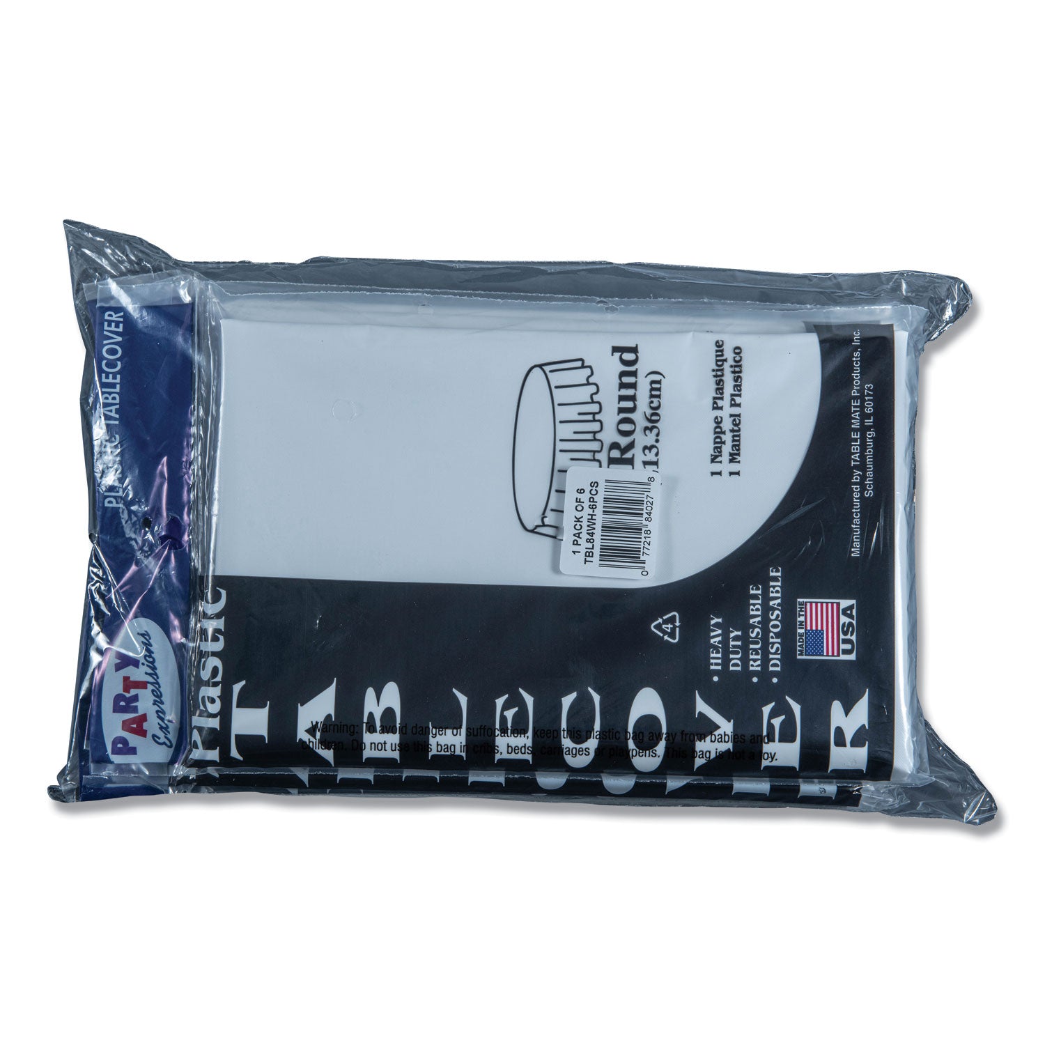 Tablemate® Table Set Round Table Cover, Plastic, 84" Diameter, White, 6/pack