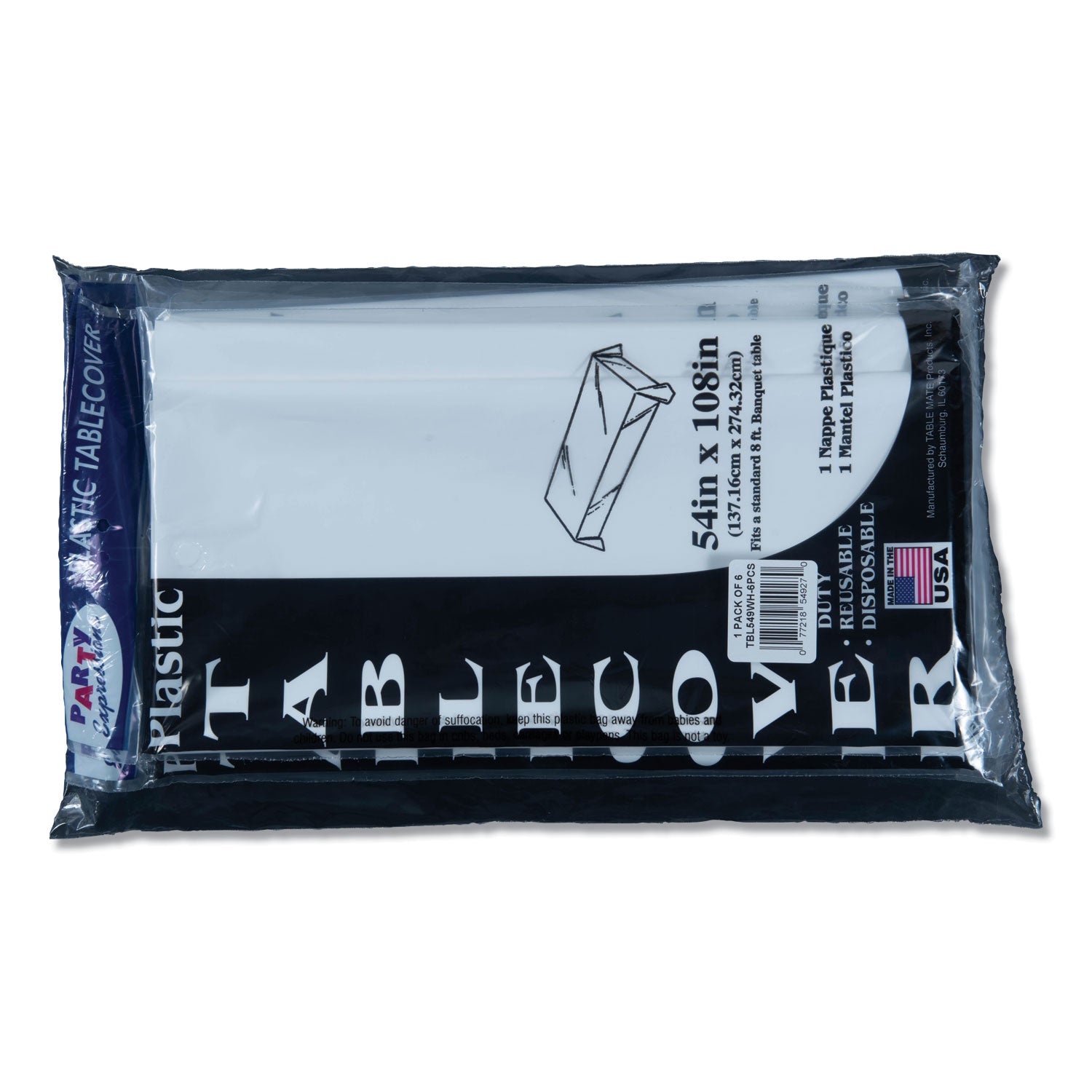 Tablemate® Table Set Rectangular Table Cover, Heavyweight Plastic, 54" X 108", White, 6/pack