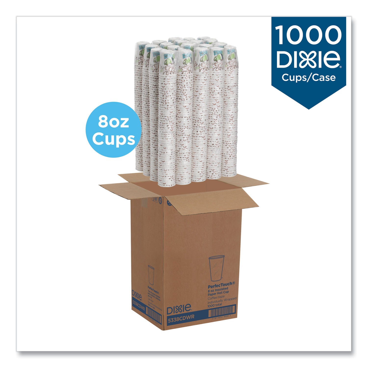 Dixie® PerfecTouch Hot Cups, Individually Wrapped, 8 oz, Paper, Coffee Haze Design, 50/Sleeve, 20 Sleeves/Carton