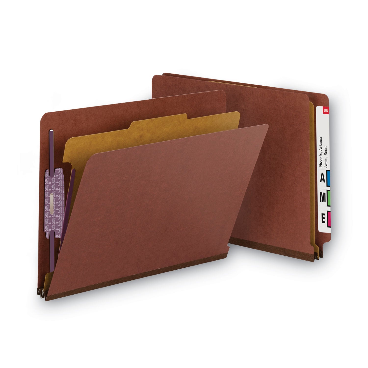 Smead End Tab Pressboard Classification Folders, Four SafeSHIELD Fasteners, 2" Expansion, 1 Divider, Letter Size, Red, 10/Box