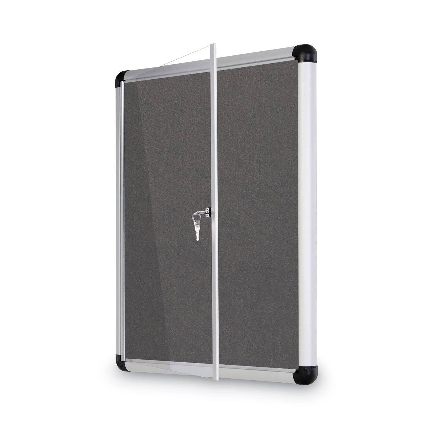 MasterVision® Slim-Line Enclosed Fabric Bulletin Board with One Door, 28" x 38", Gray Surface, Satin Aluminum Frame