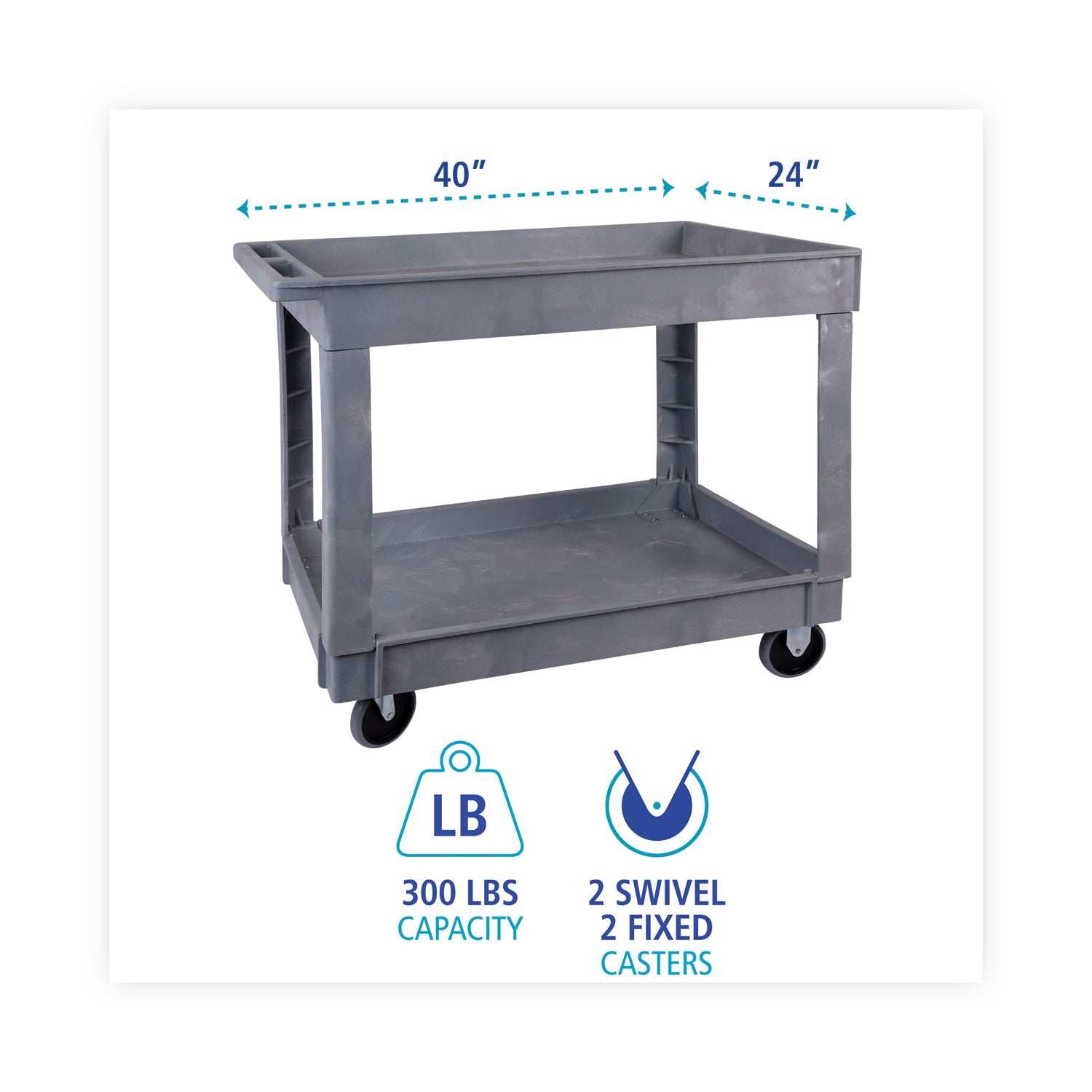 Boardwalk® Two-Shelf Utility Cart, Plastic, 2 Shelves, 500 lb Capacity, 17.25" x 40" x 33.5", Gray