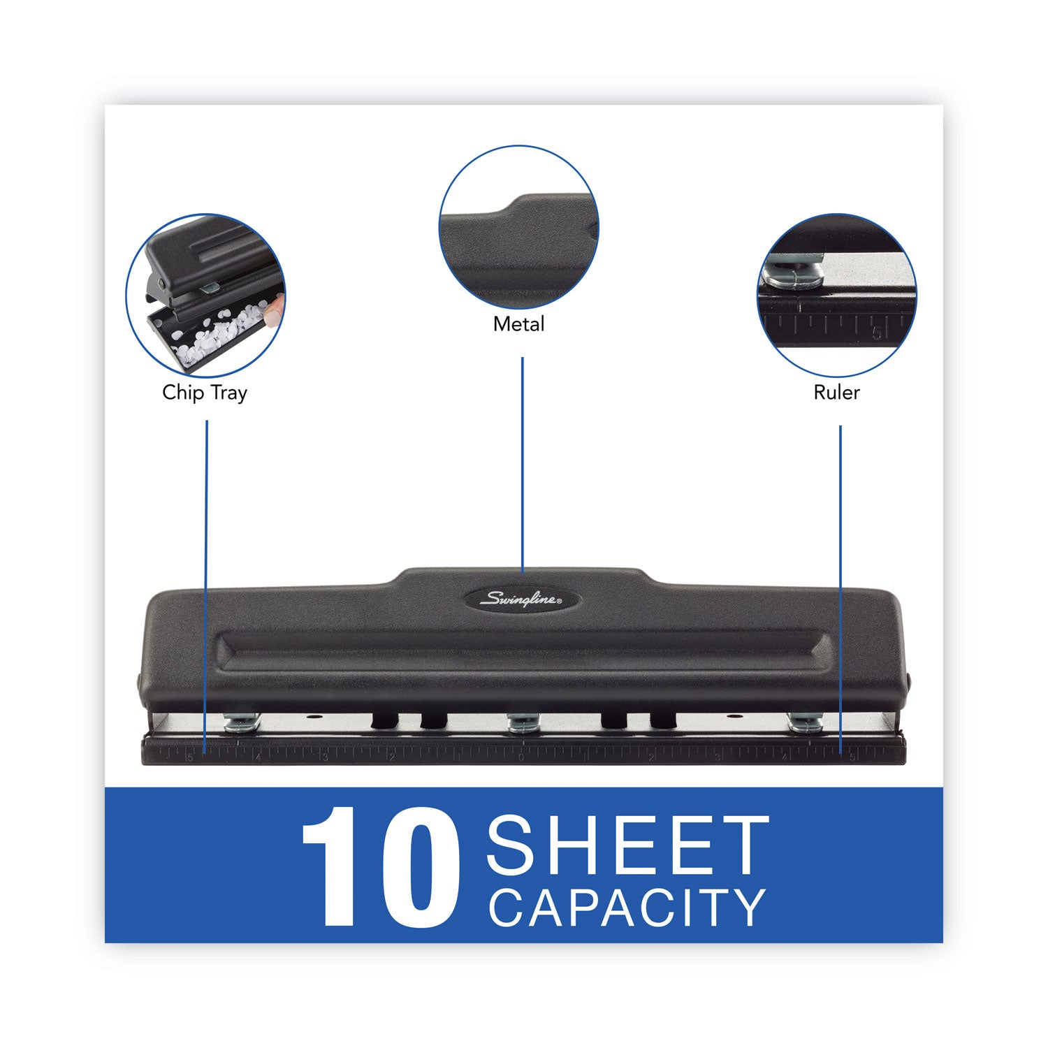 Swingline® 10-Sheet Desktop Light-Duty Two- To Three-Hole Adjustable Punch, 9/32" Holes, Black