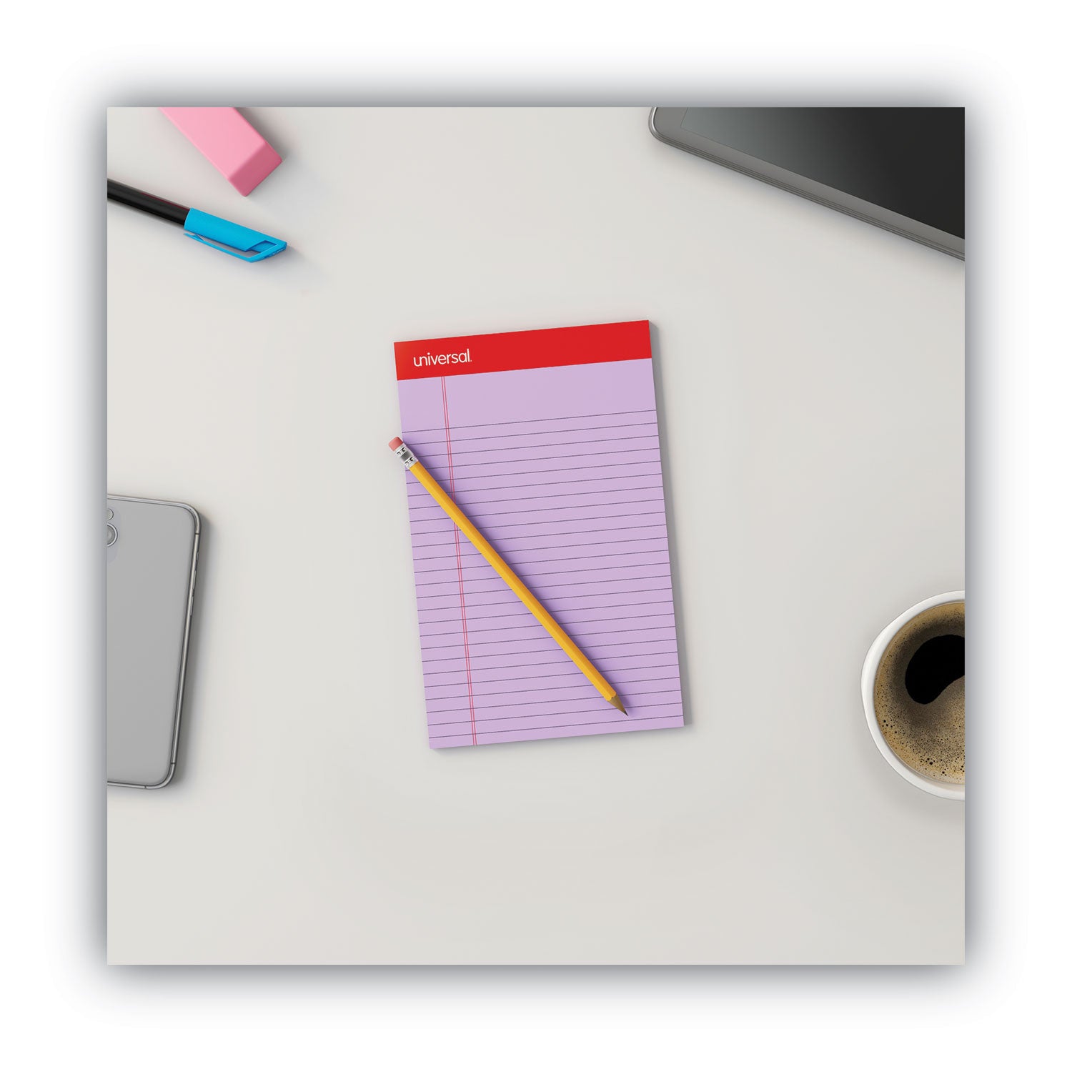 Universal® Colored Perforated Ruled Writing Pads, Narrow Rule, 50 Orchid 5 X 8 Sheets, Dozen