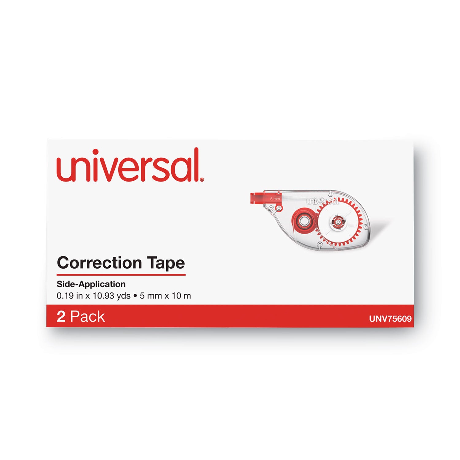 Universal® Side-Application Correction Tape, Transparent Gray/Red Applicator, 0.2" x 393", 2/Pack