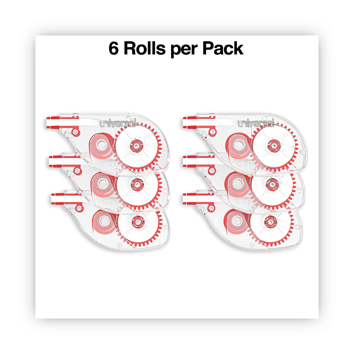 Universal® Side-Application Correction Tape, Transparent Red Applicator, 0.2" x 393", 6/Pack