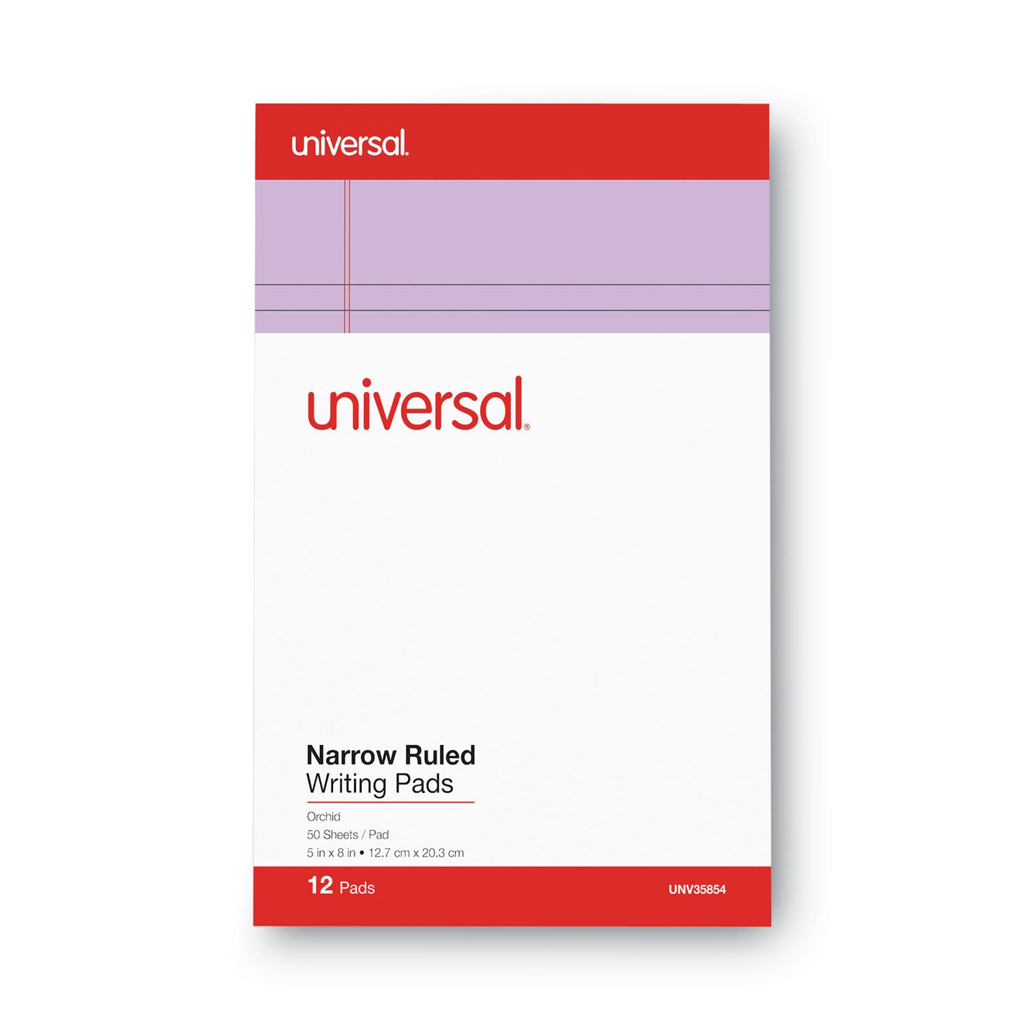 Universal® Colored Perforated Ruled Writing Pads, Narrow Rule, 50 Orchid 5 X 8 Sheets, Dozen