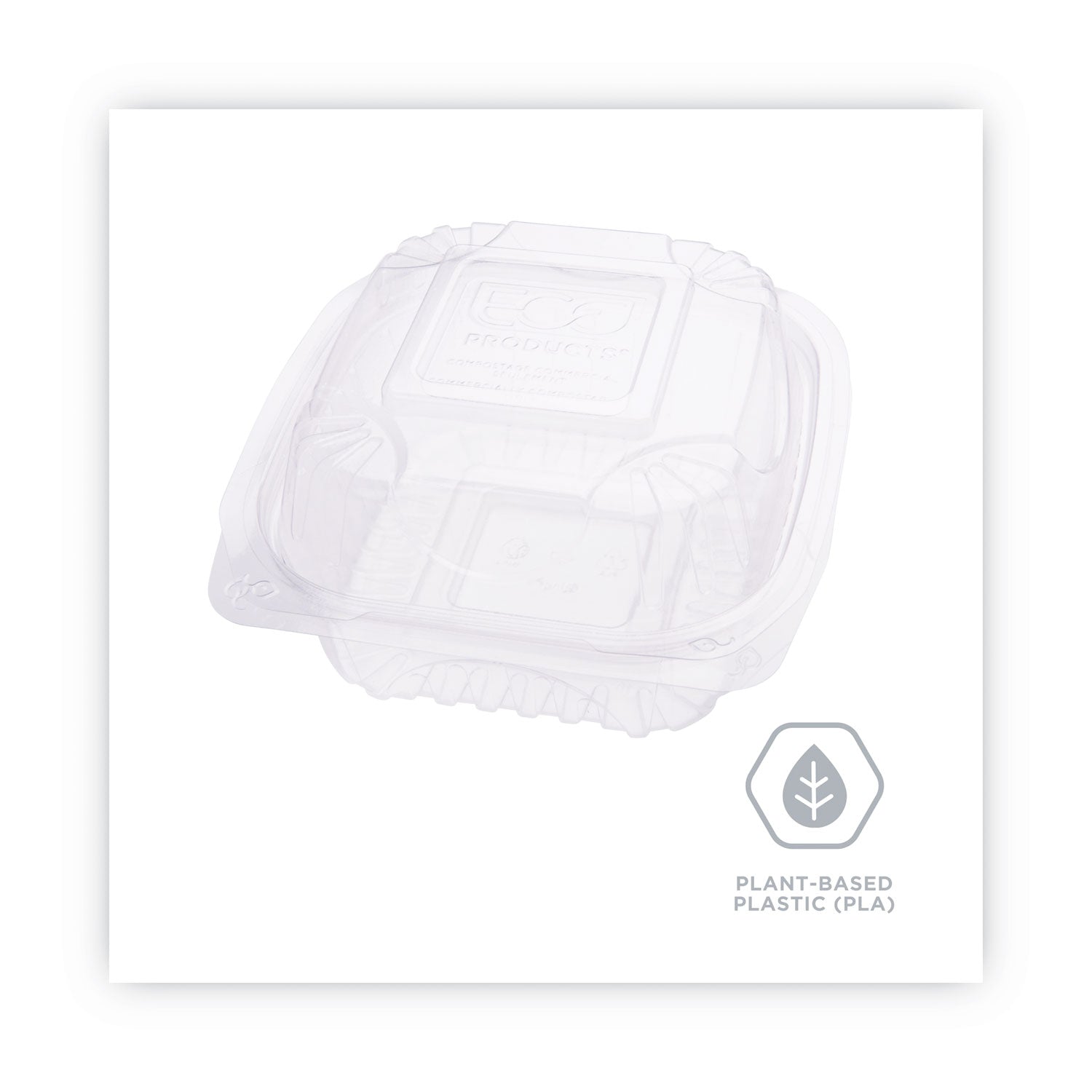 Eco-Products® Renewable and Compostable Clear Clamshell Hinged Food Containers, 6 x 6 x 3, Plastic, 80/Pack, 3 Packs/Carton