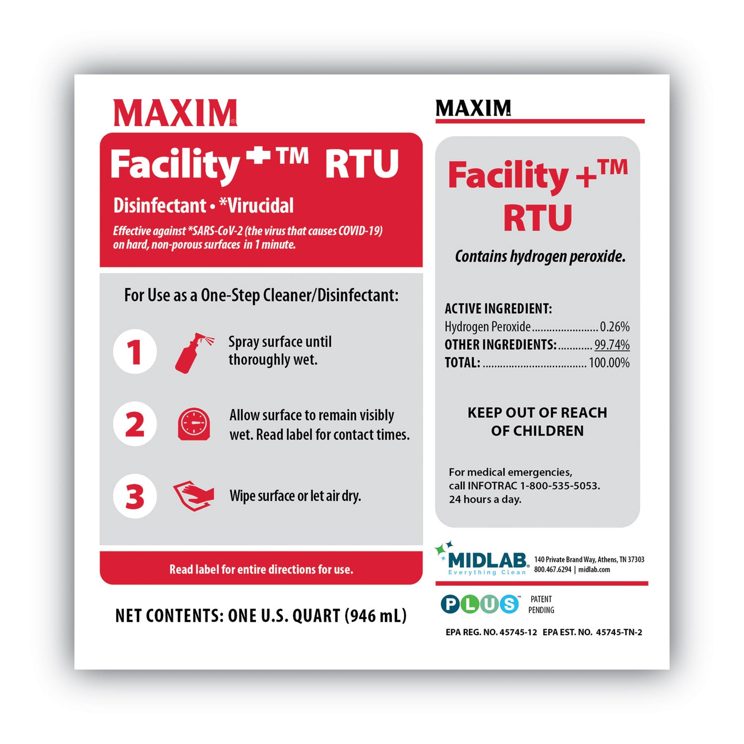 Maxim® Facility+ RTU Disinfectant, Safe-to-Ship, Unscented, 32 oz, 6/Carton