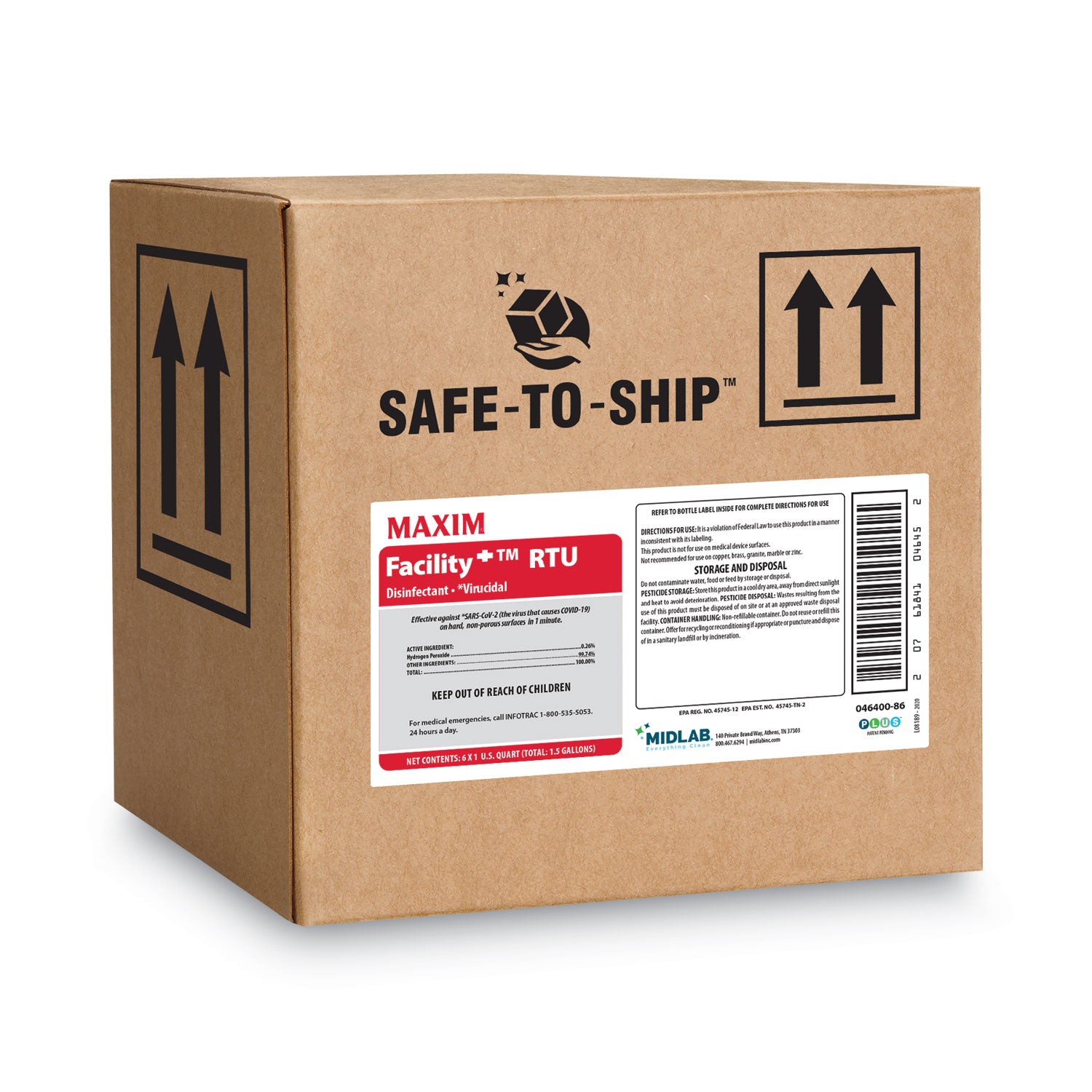 Maxim® Facility+ RTU Disinfectant, Safe-to-Ship, Unscented, 32 oz, 6/Carton