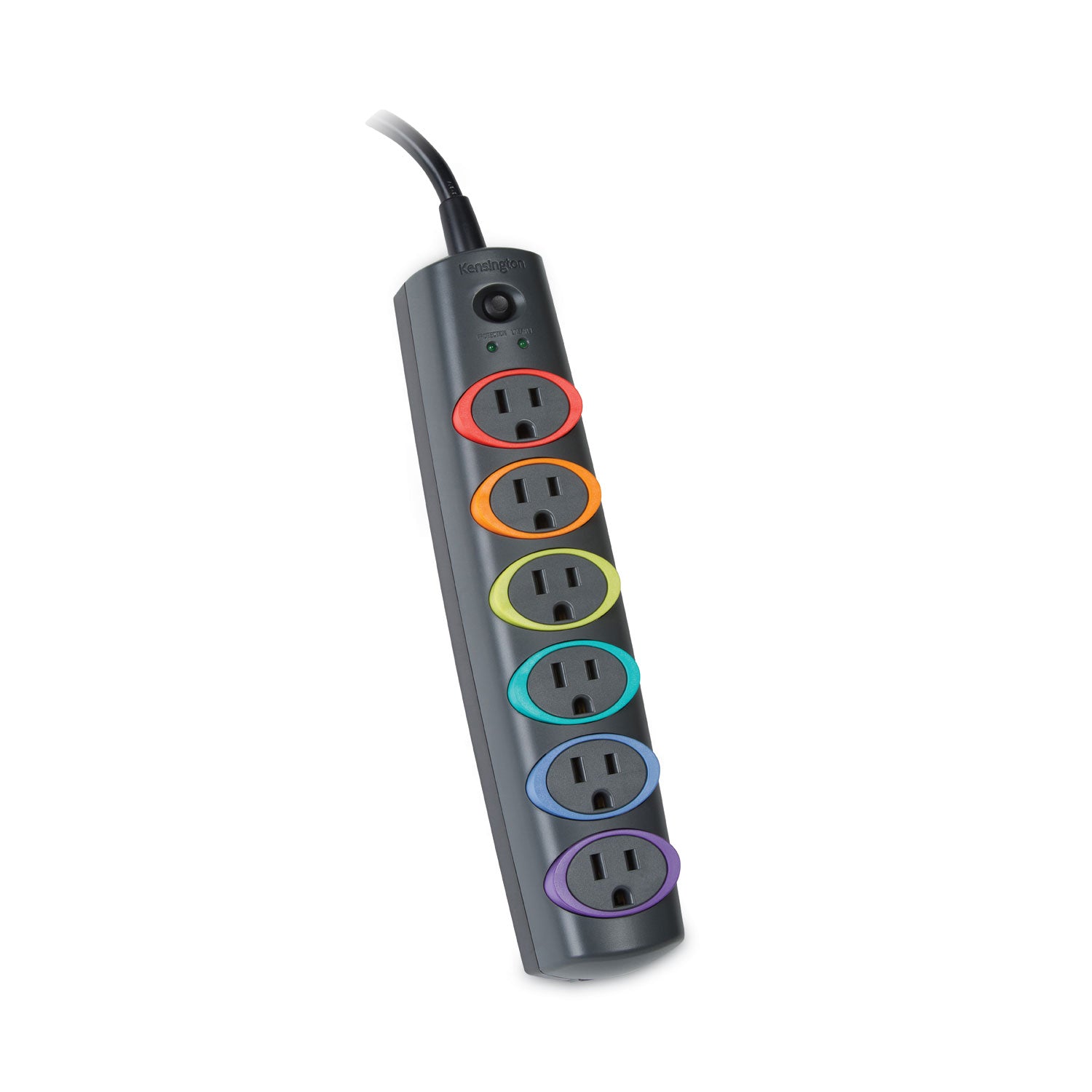 Kensington® SmartSockets Color-Coded Strip Surge Protector, 6 AC Outlets, 6 ft Cord, 670 J, Gray