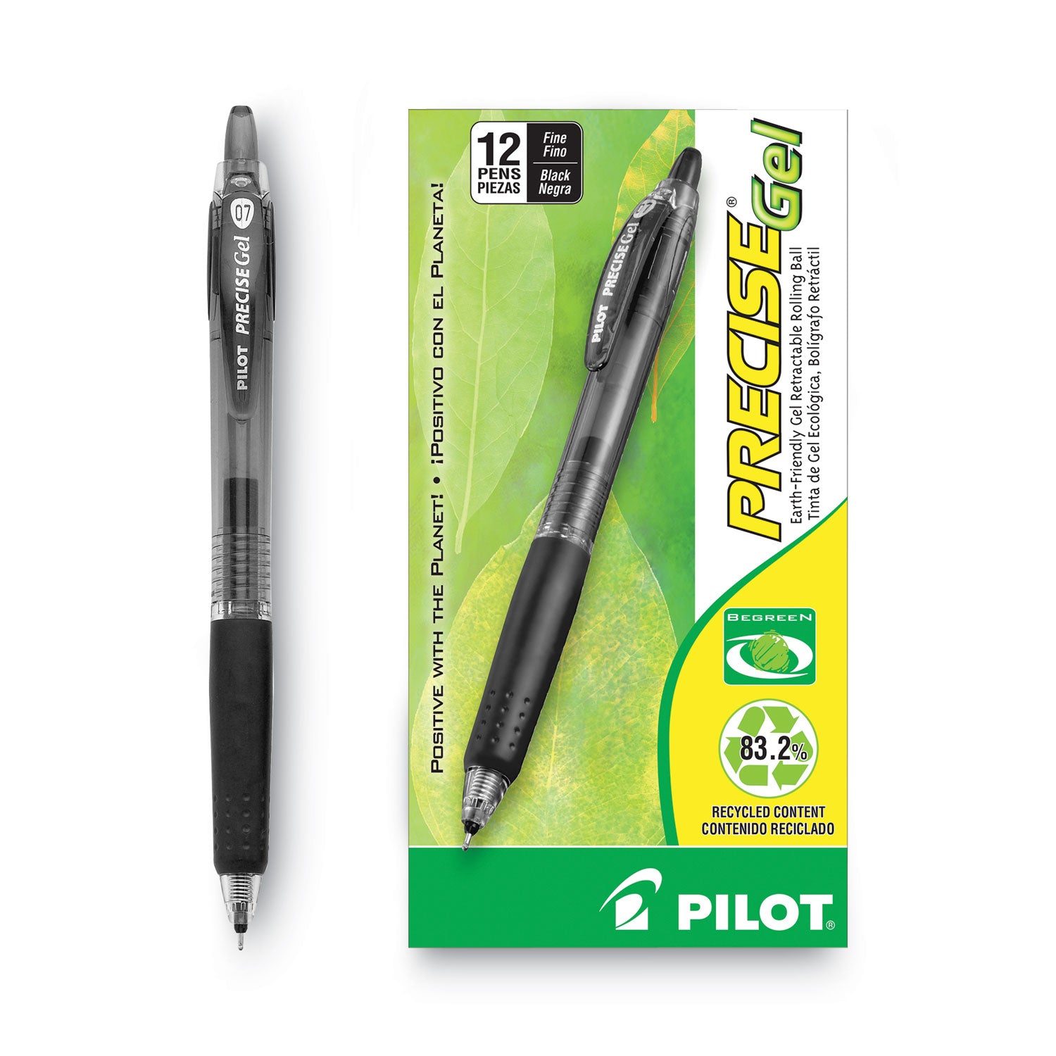 Pilot® Precise Gel BeGreen Gel Pen, Retractable, Fine 0.7 mm, Black Ink, Smoke Barrel, Dozen
