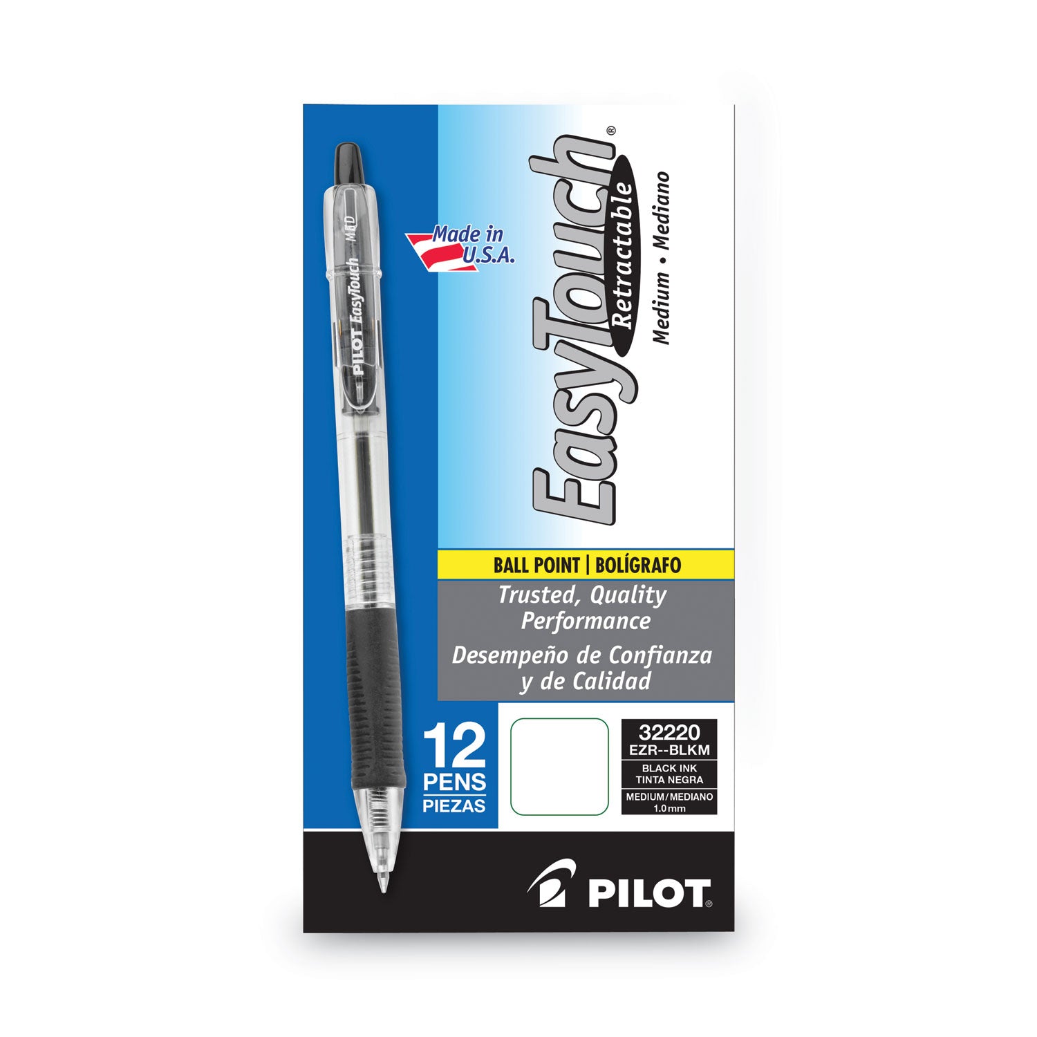 Pilot® Easytouch Ballpoint Pen, Retractable, Medium 1 Mm, Black Ink, Clear Barrel, Dozen
