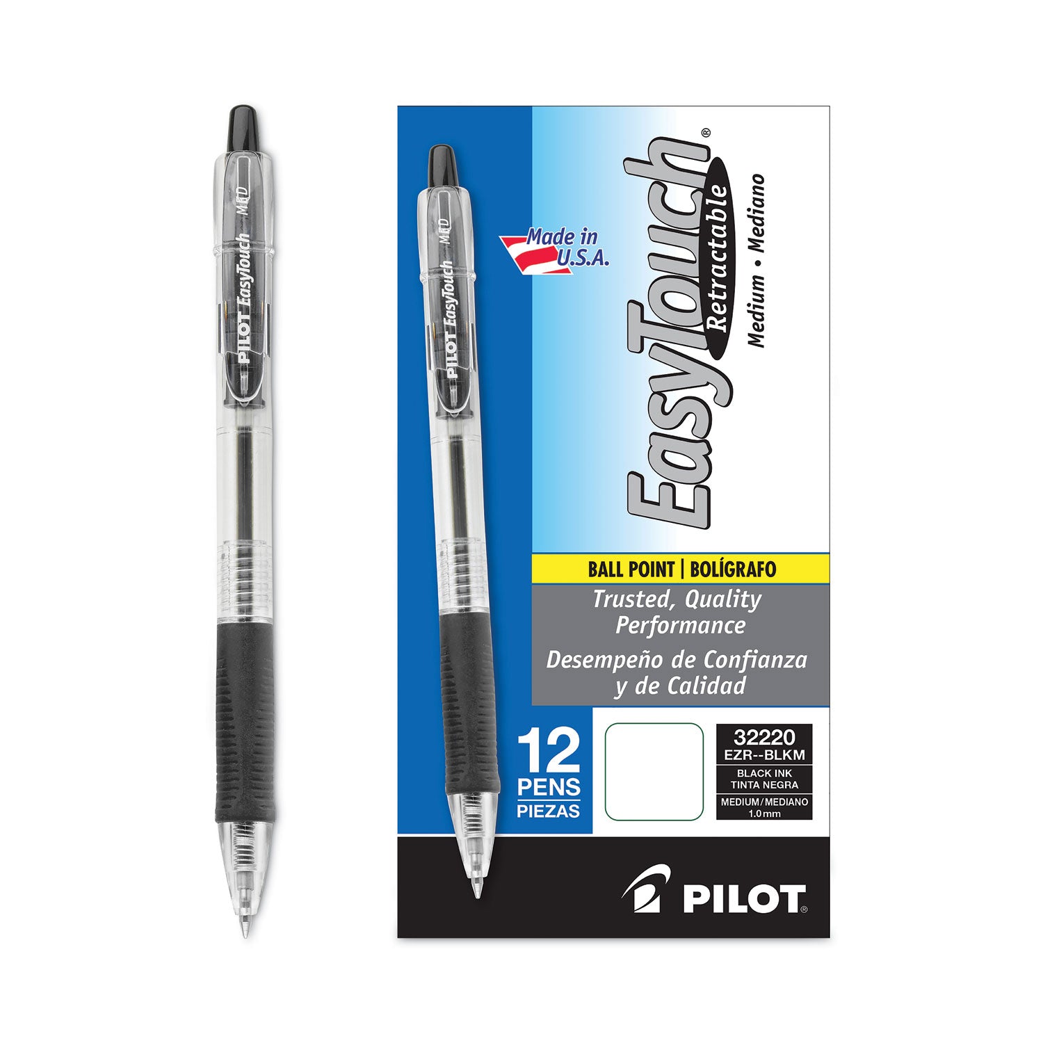 Pilot® Easytouch Ballpoint Pen, Retractable, Medium 1 Mm, Black Ink, Clear Barrel, Dozen