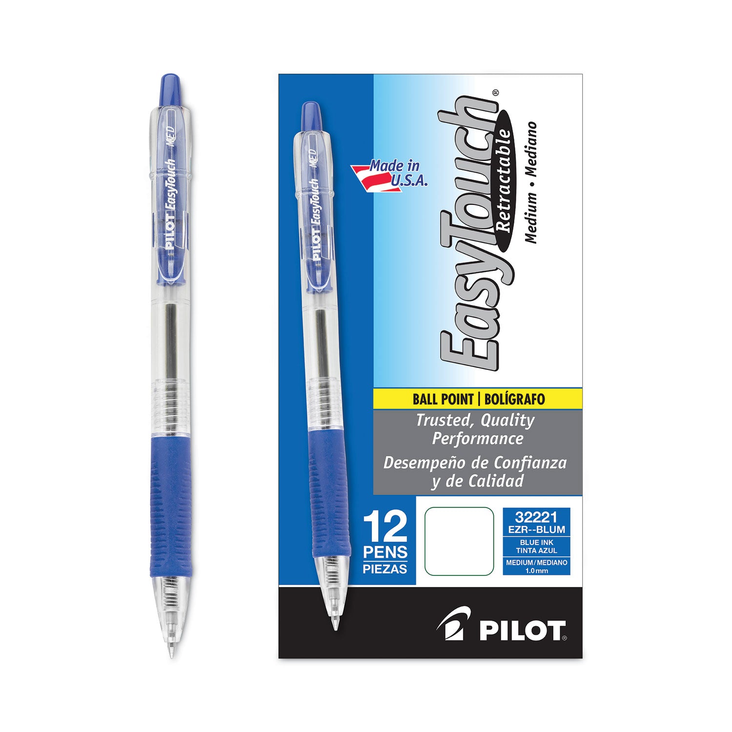 Pilot® Easytouch Ballpoint Pen, Retractable, Medium 1 Mm, Blue Ink, Clear Barrel, Dozen