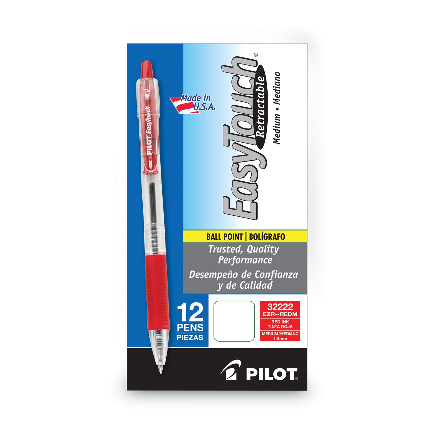 Pilot® Easytouch Ballpoint Pen, Retractable, Medium 1 Mm, Red Ink, Clear Barrel, Dozen