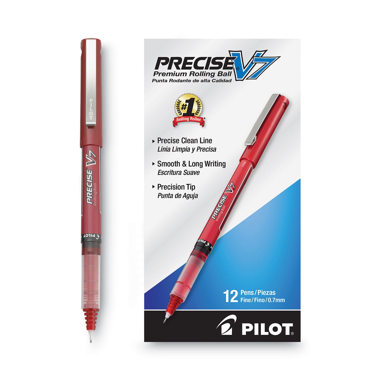 Pilot® Precise V7 Rollerball Pen, Stick, Fine 0.7 mm, Red Ink, Red/Clear Barrel, Dozen